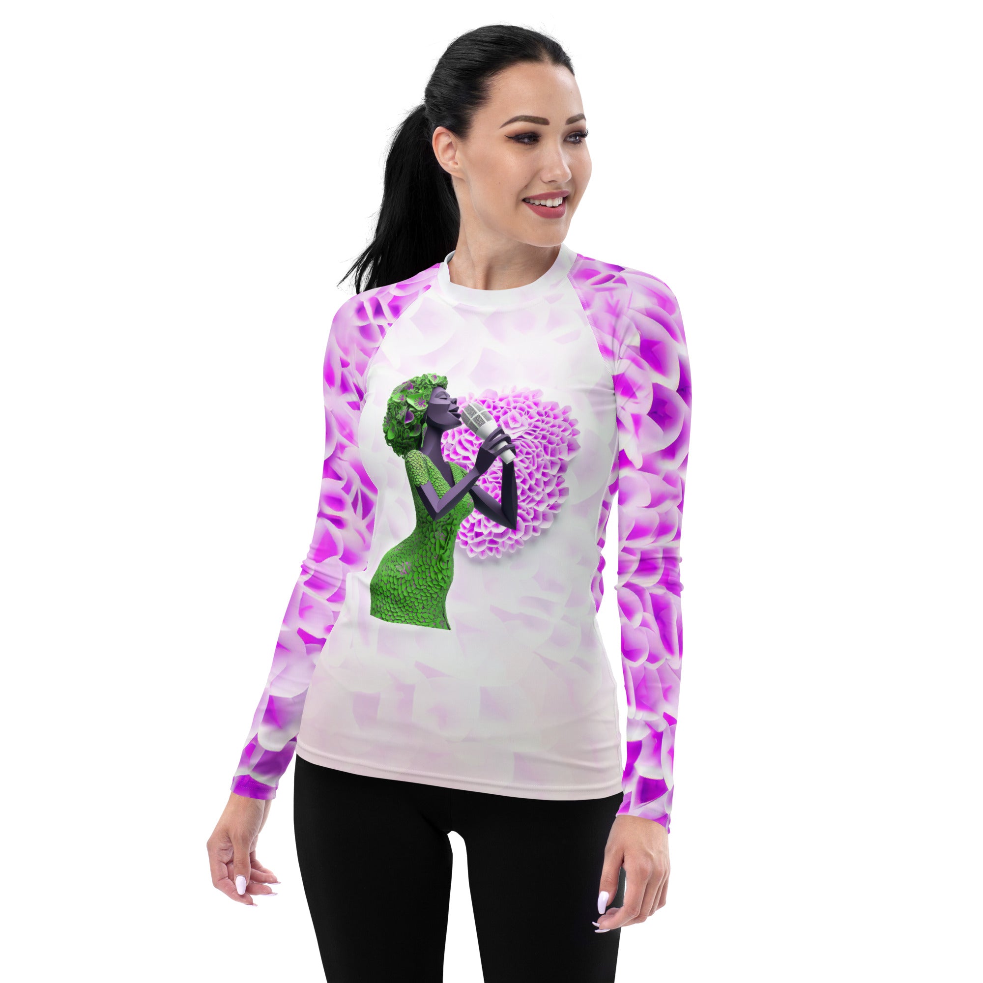 Rock Star Women's Rash Guard front view on a white background.