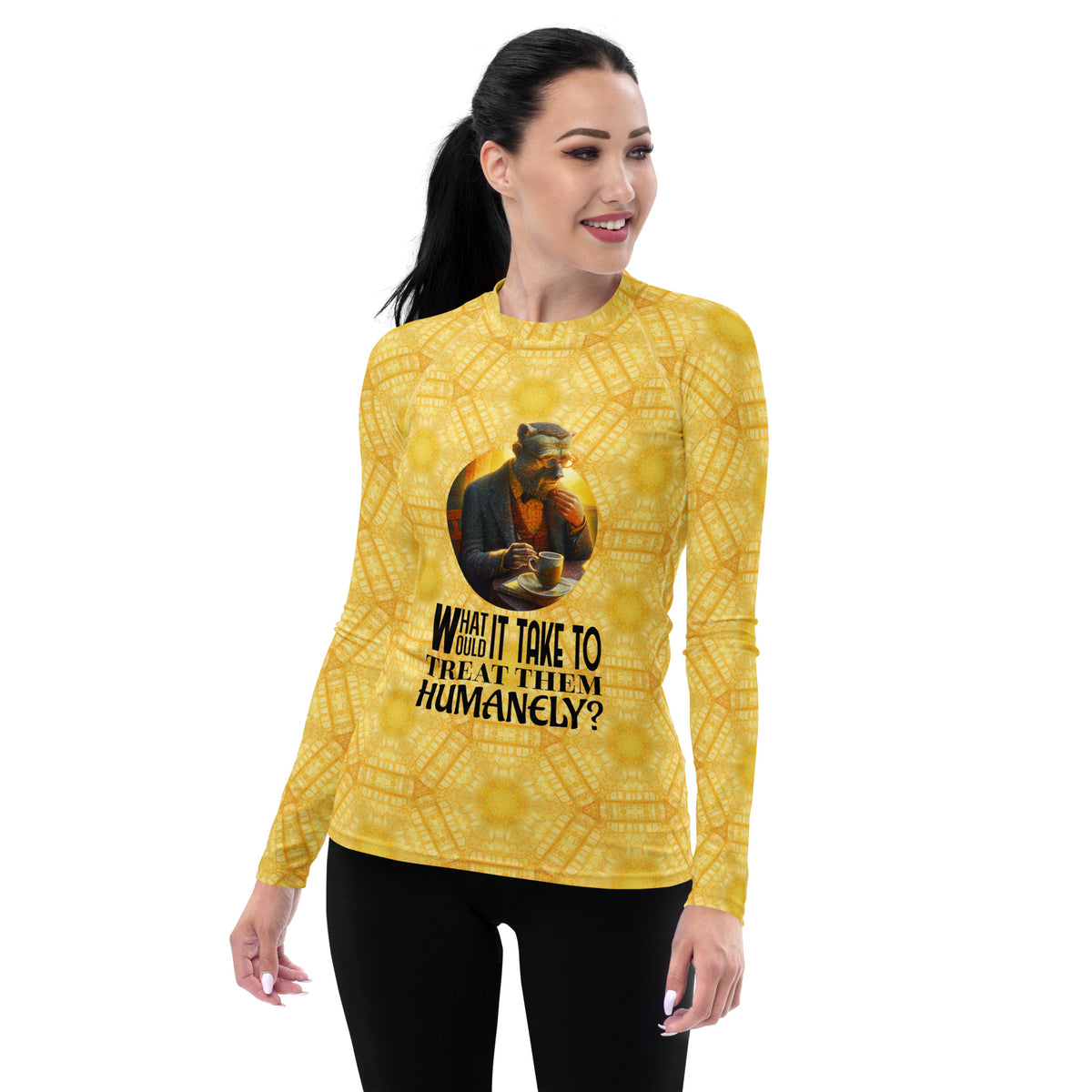 Whimsical Walrus Party Rash Guard for Women in action on the beach.