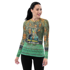 Tranquil Turtle Tribe rash guard for women showcasing unique turtle design.