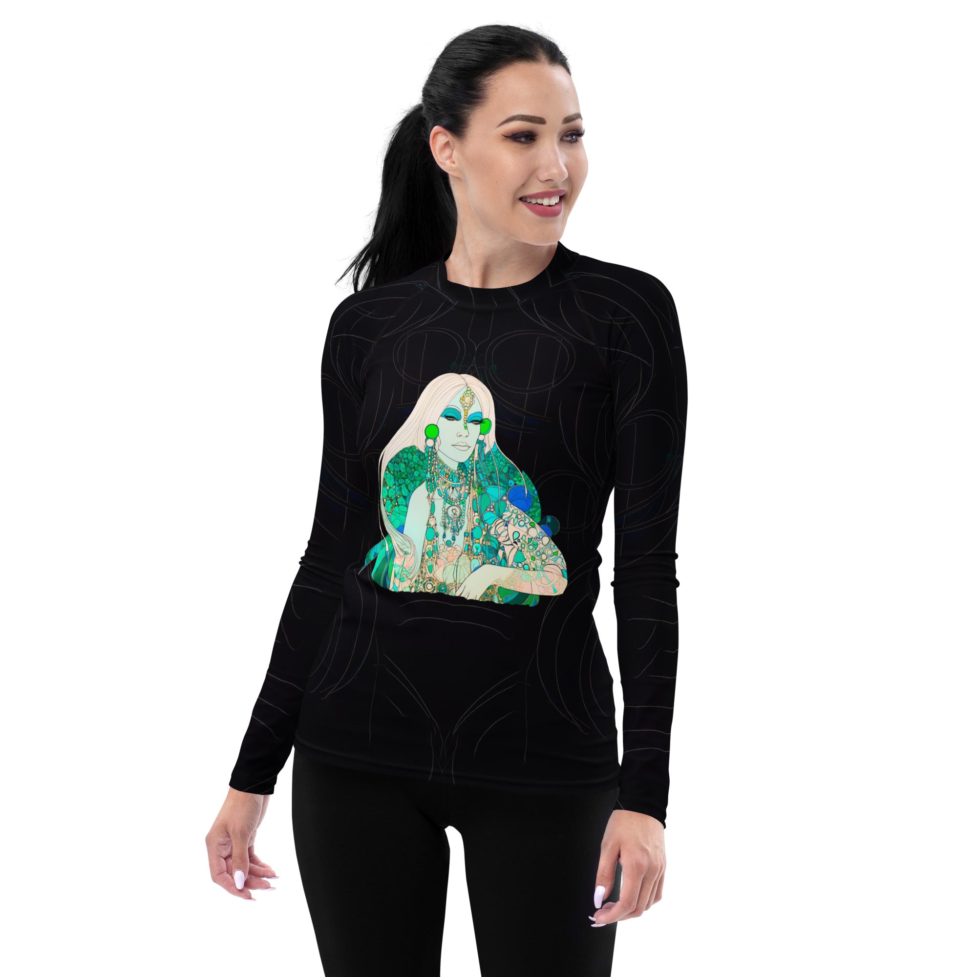 Woman wearing Artistic Expression Rash Guard, showcasing vibrant design and fit.