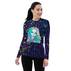 Colorful psychedelic pop pattern on women's rash guard for beach activities.