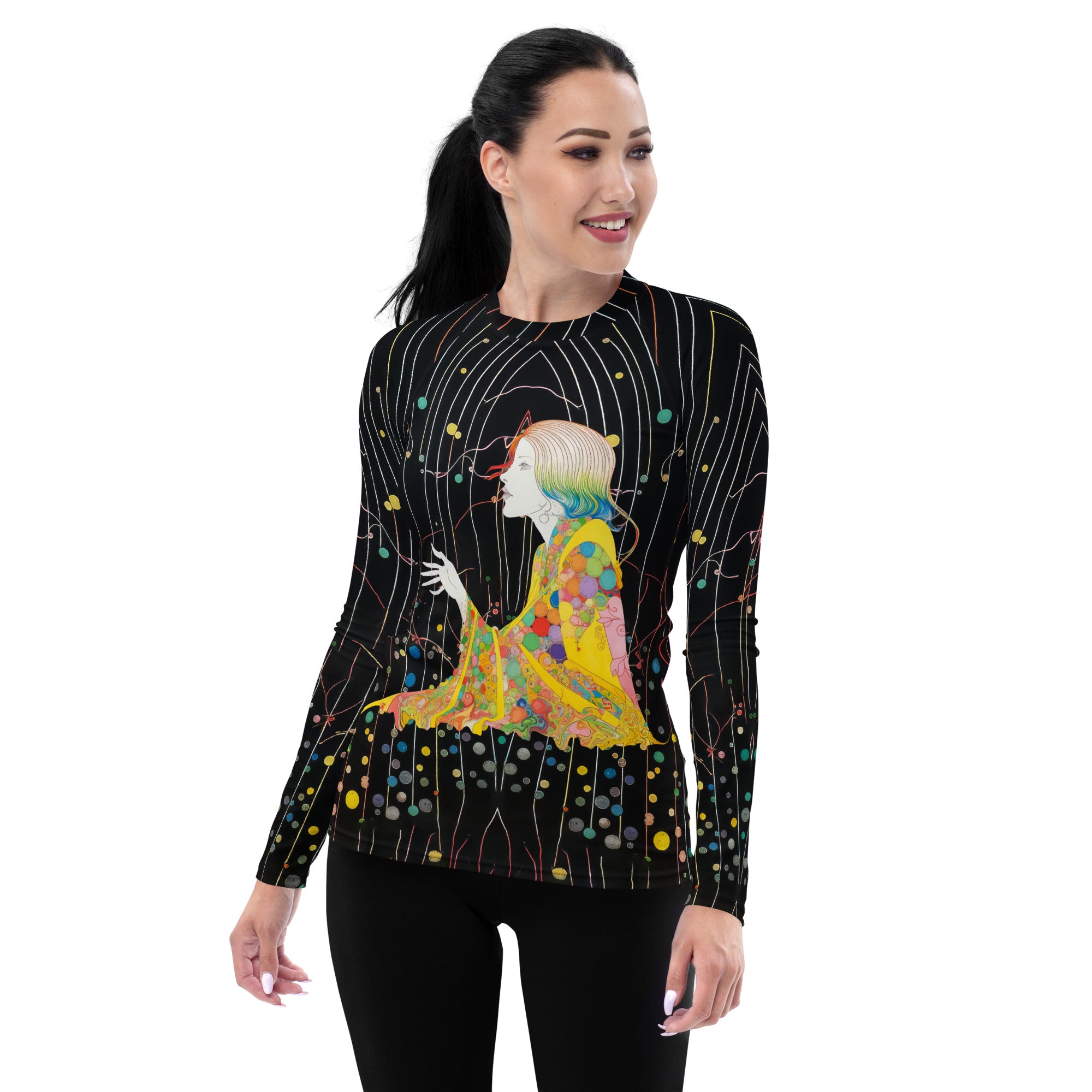 Bohemian Blossoms Women's Rash Guard worn by a woman surfing.