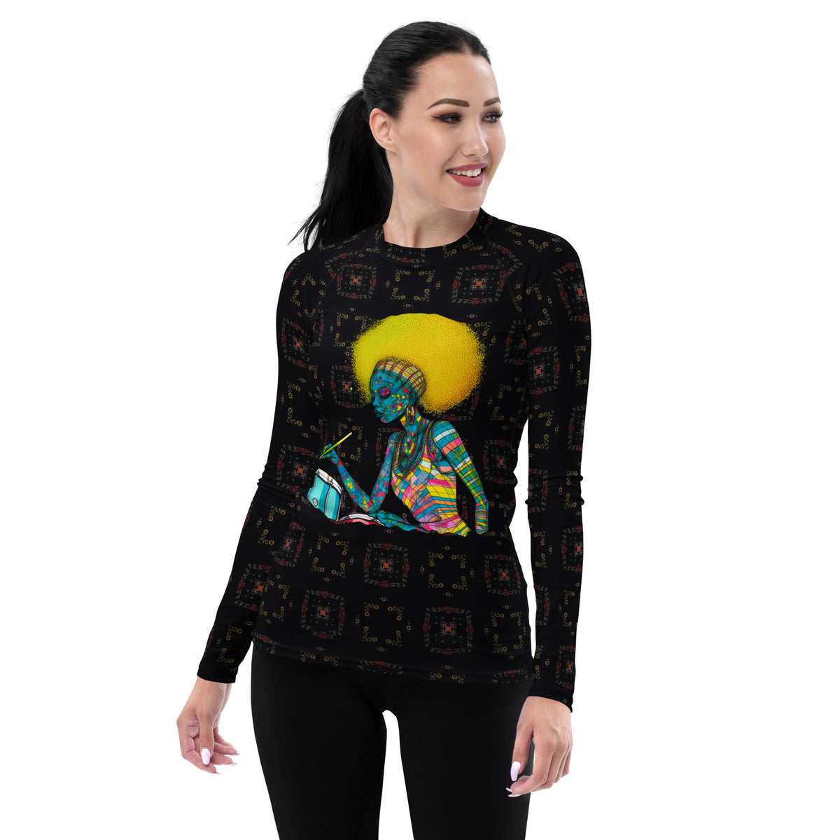 Floral Fantasy World Women's Rash Guard worn by a surfer.