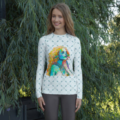 Groovy Garden Printed Women's Rash Guard worn during a surfing session.