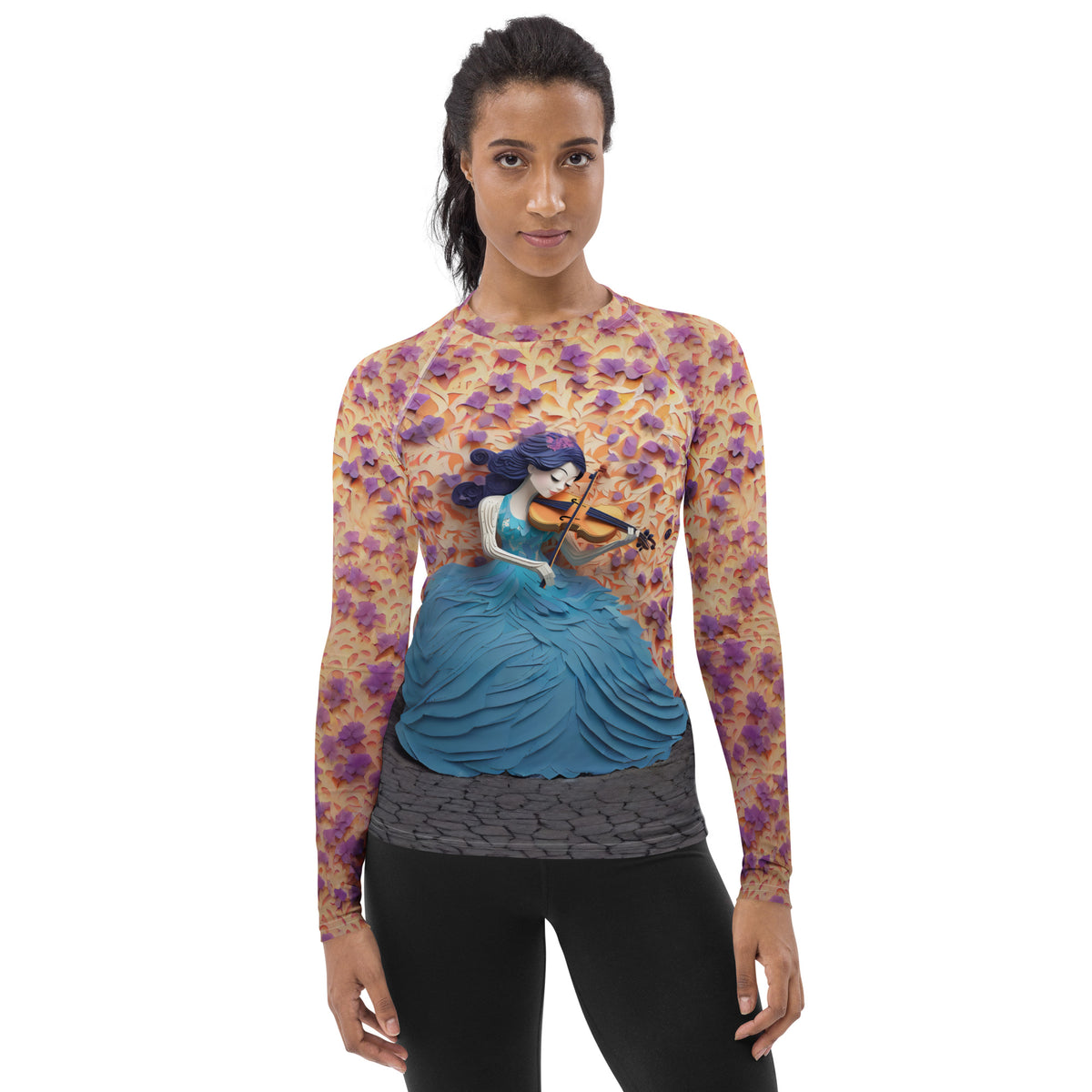 Women's Rash Guard with Kirigami Coral Reef Design.