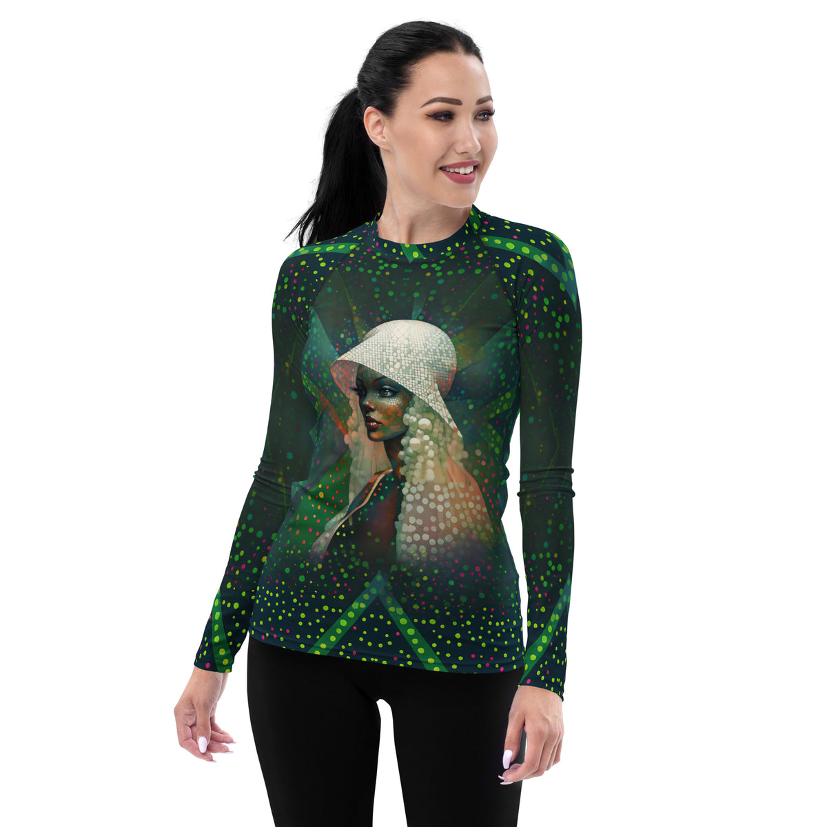 Beyond Elegance All-Over Print Women's Rash Guard front view.