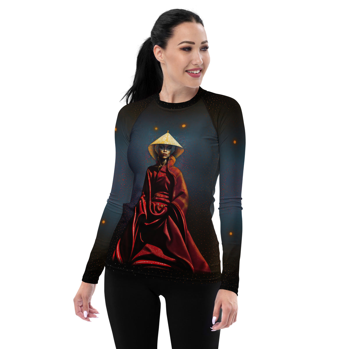 Retro Revival All-Over Print Women's Rash Guard front view.