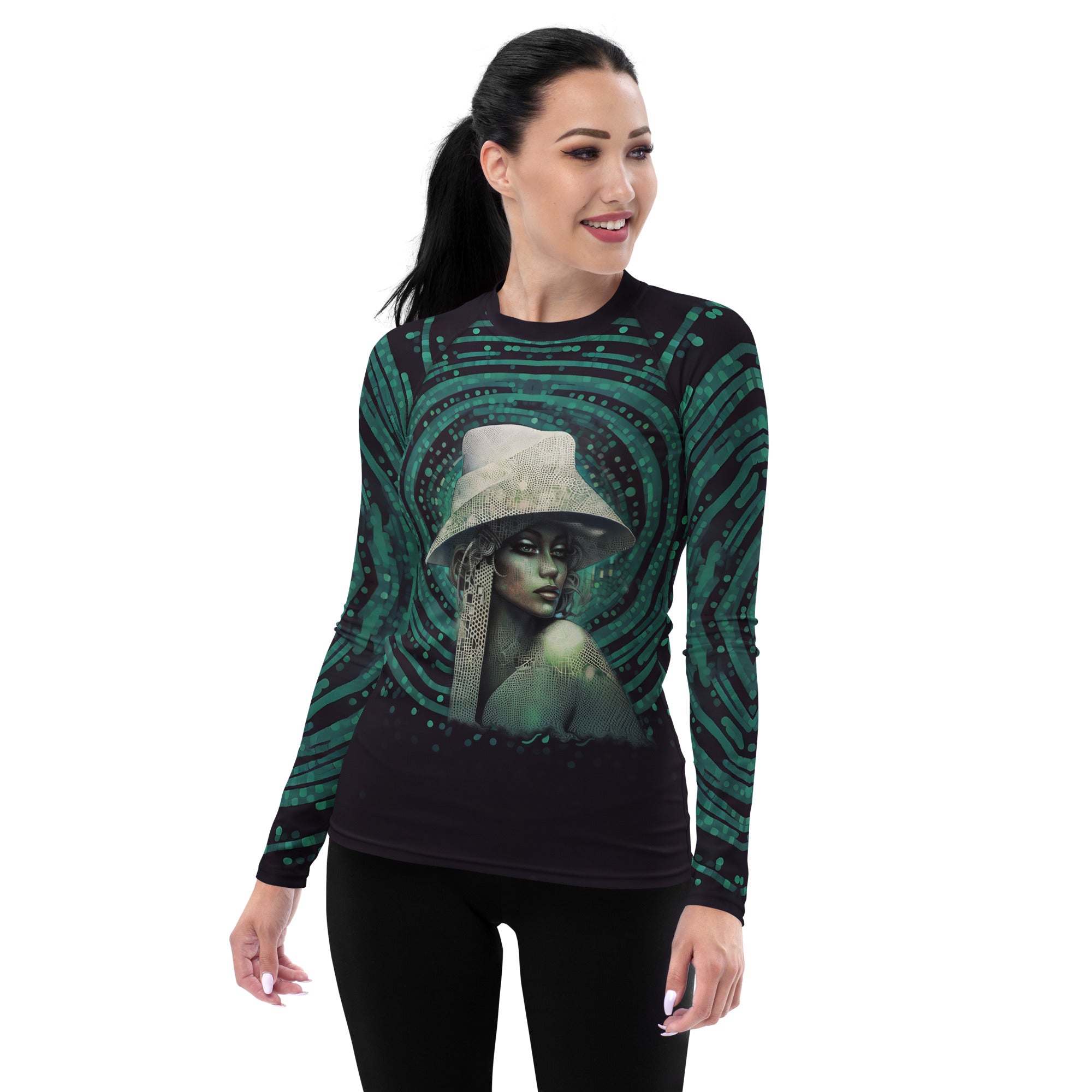 Dreamscape All-Over Print Women's Rash Guard front view.