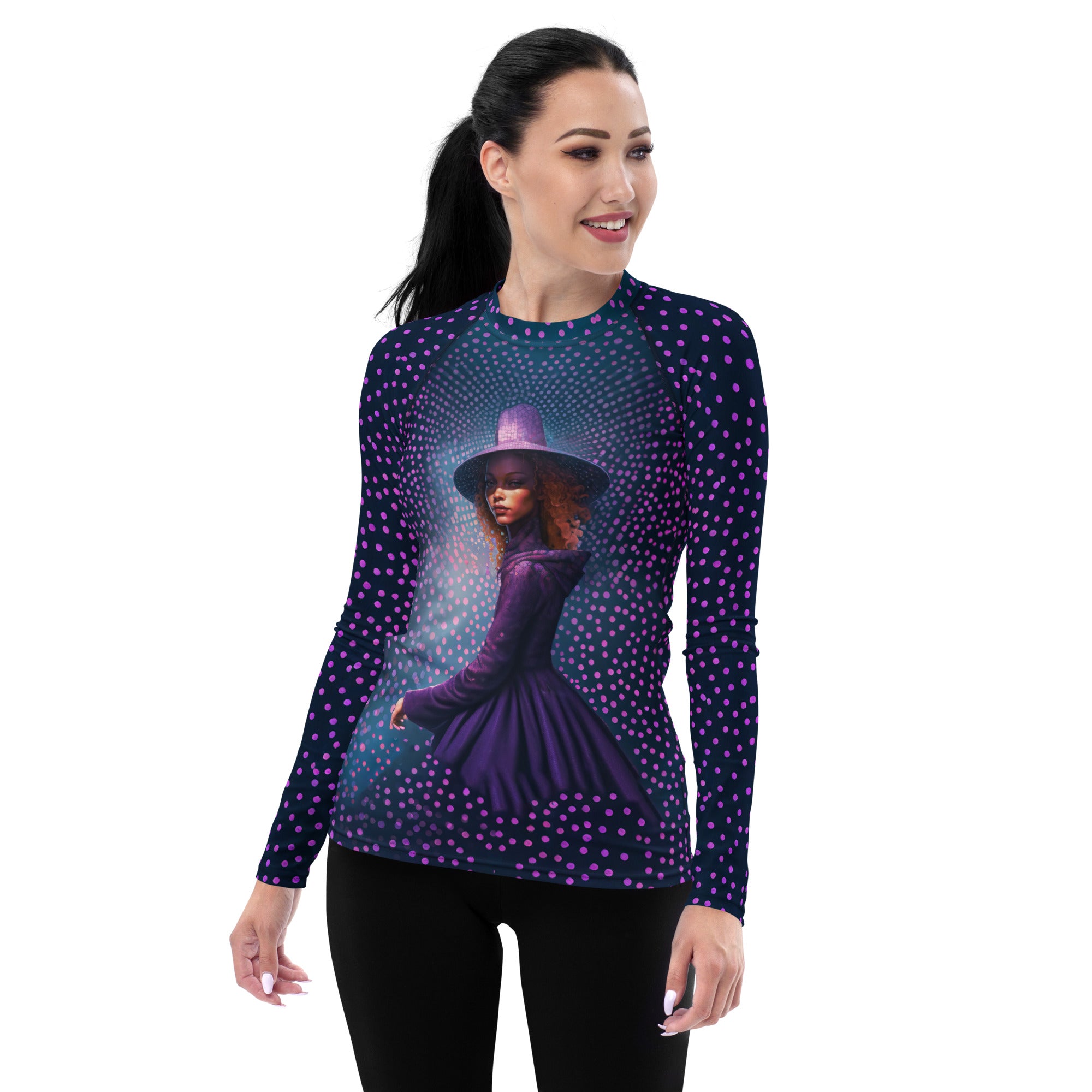 Galactic Glow All-Over Print Women's Rash Guard side view.