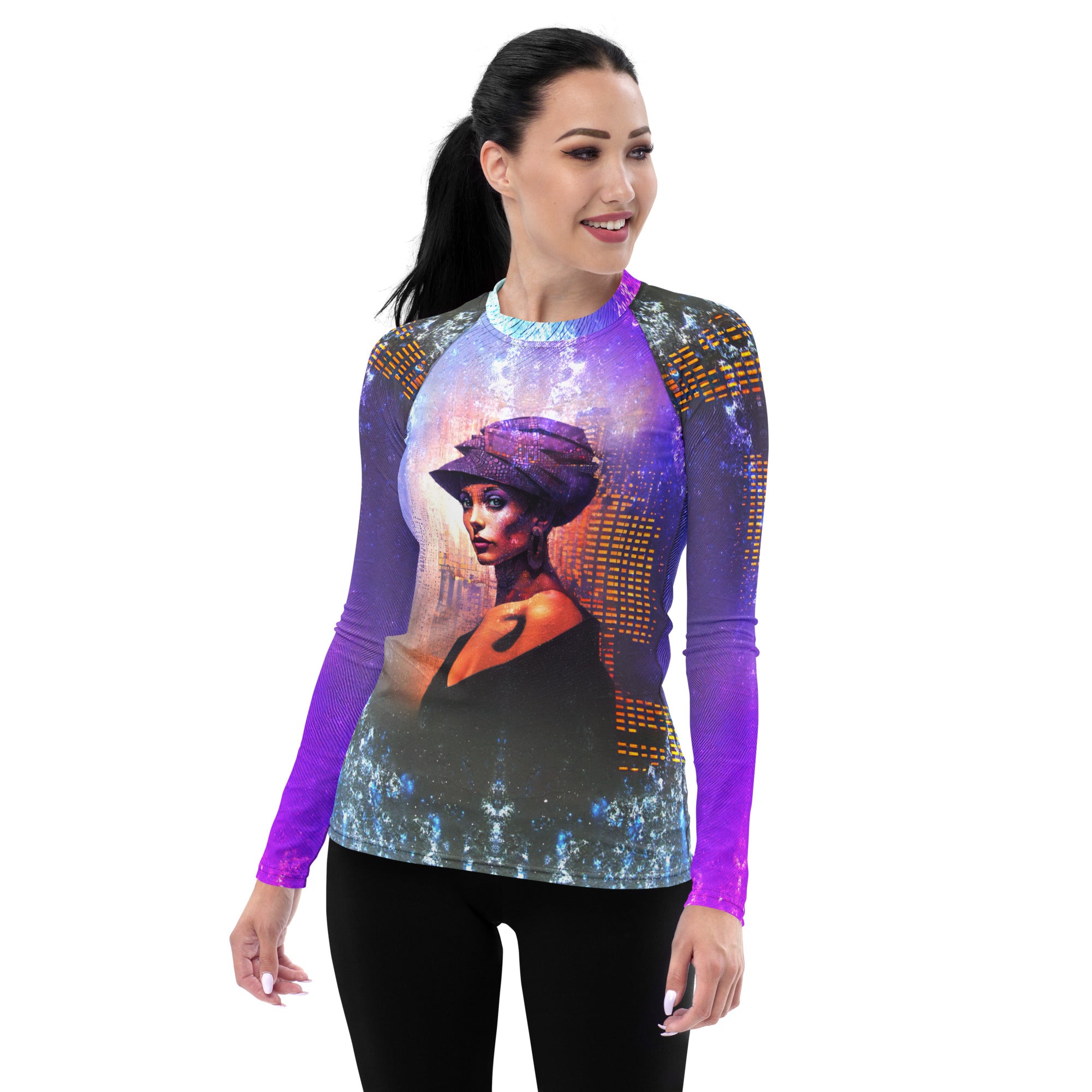 Serene Sunset All-Over Print Women's Rash Guard side view.