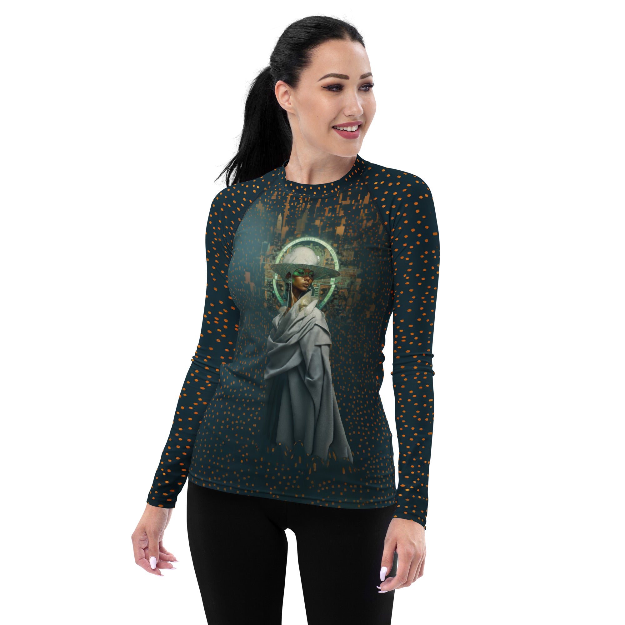 Boho Radiance All-Over Print Women's Rash Guard side view.