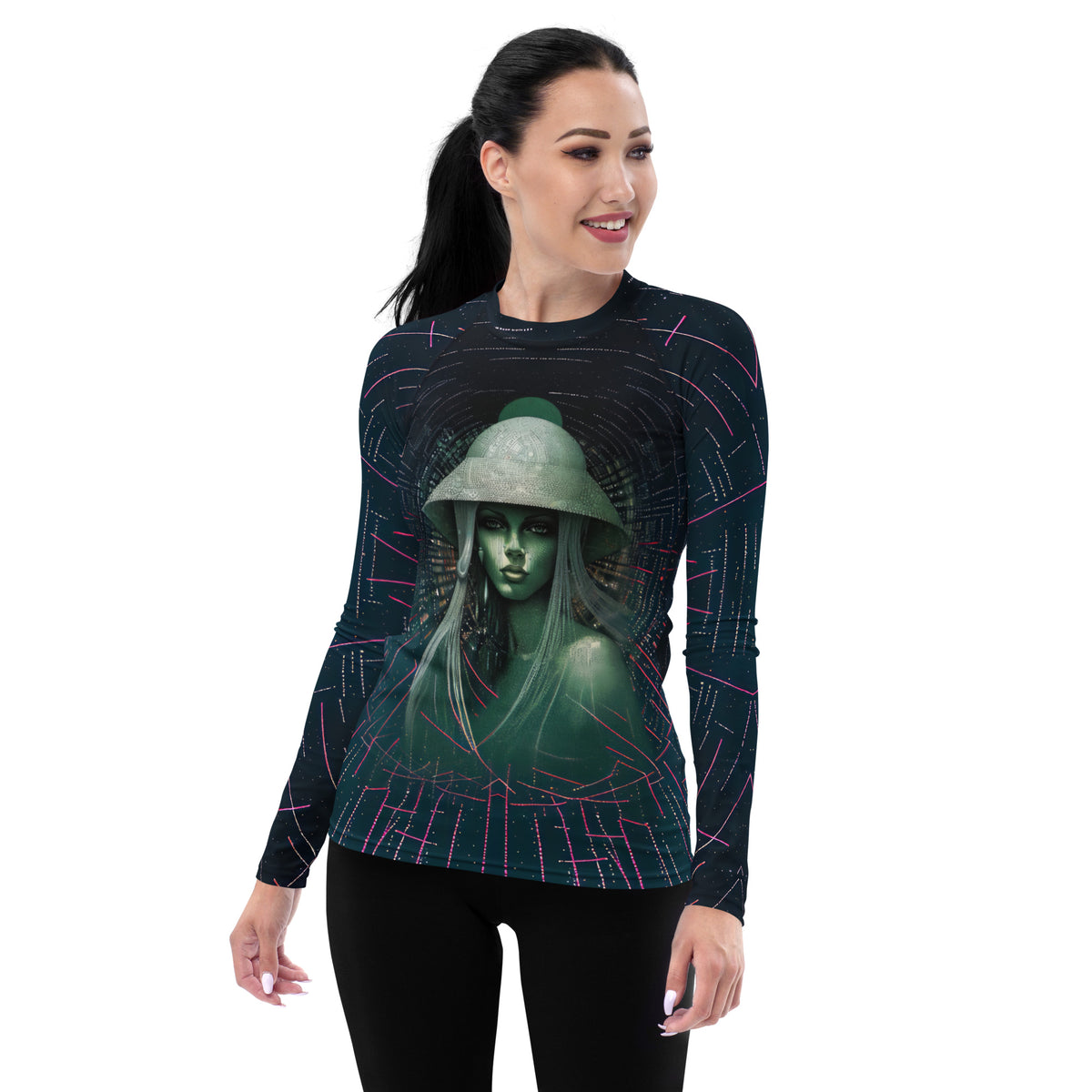 Serene Symphony All-Over Print Women's Rash Guard front view.