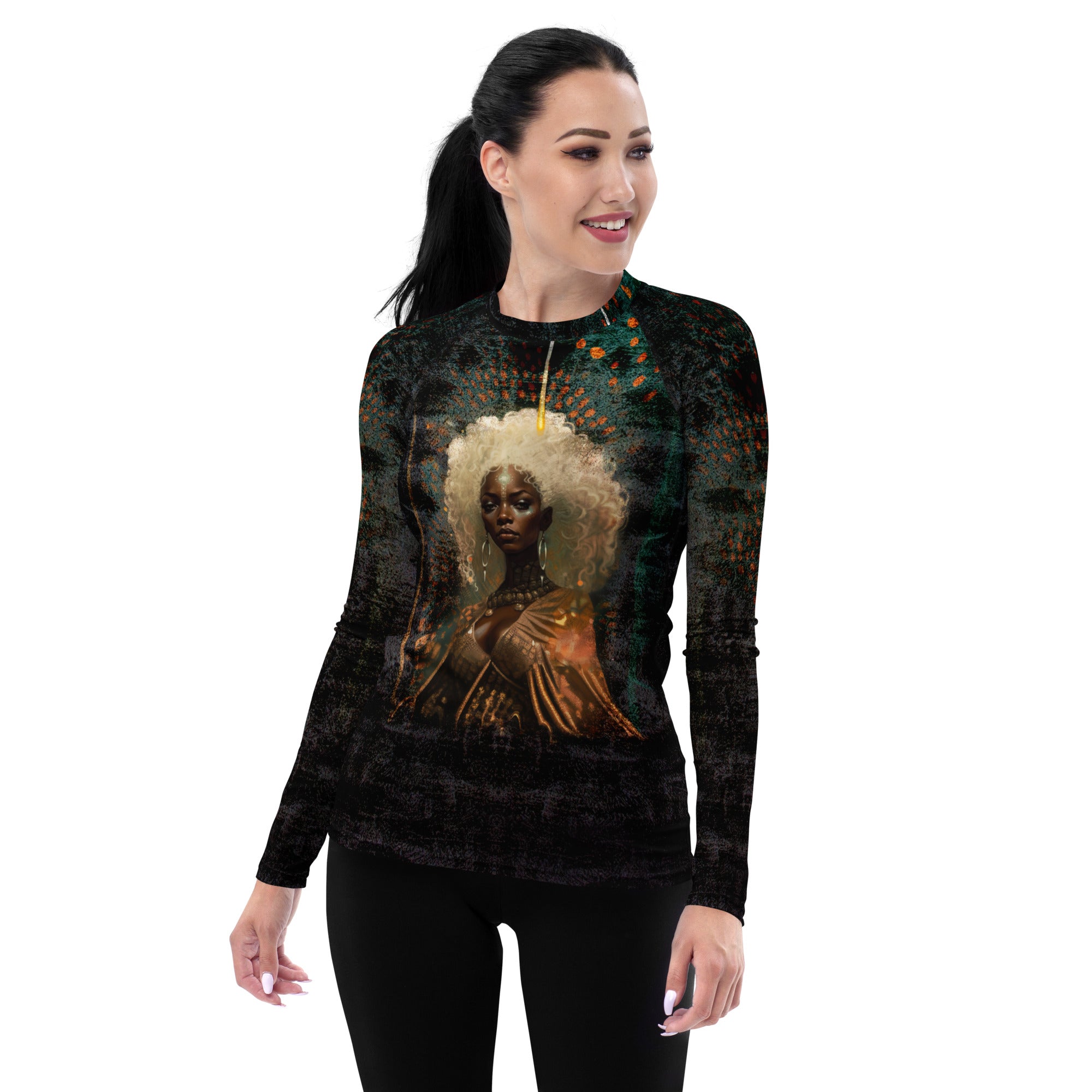 Woman wearing Galactic Glam rash guard with space design