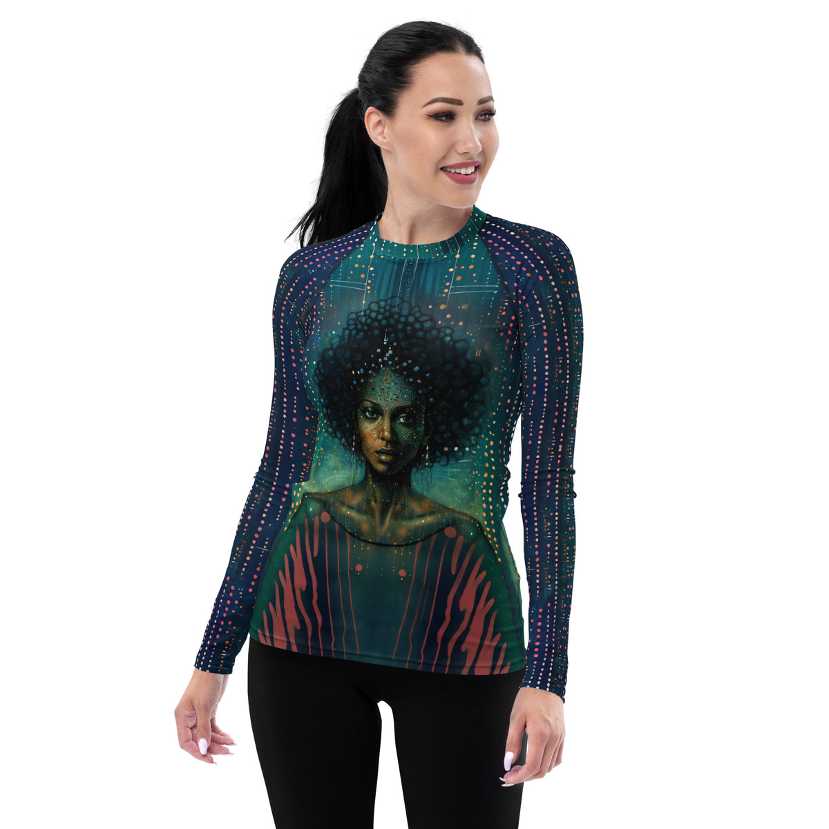 Abstract pattern women's rash guard in action