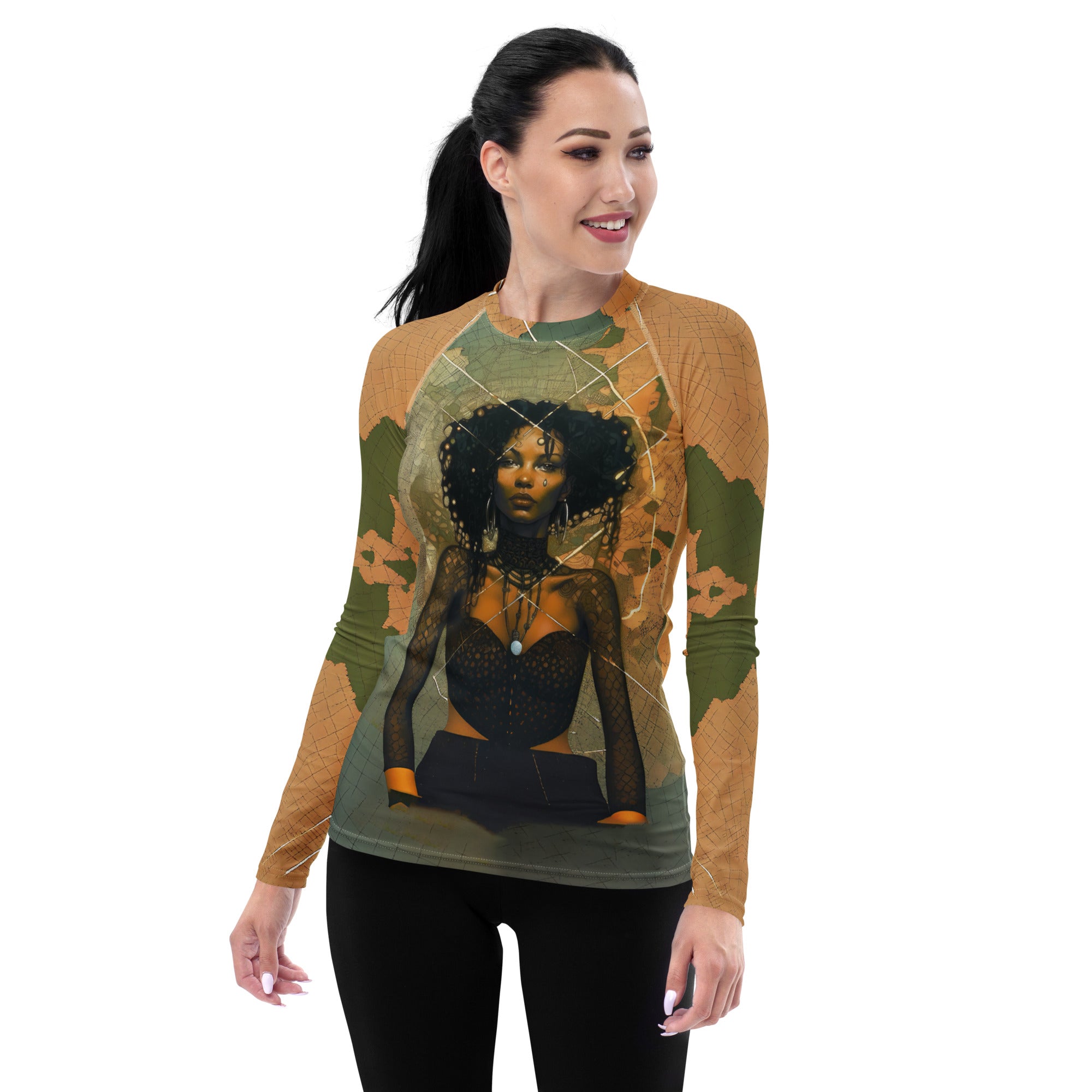 Bohemian Rhapsody rash guard for women, vibrant design.