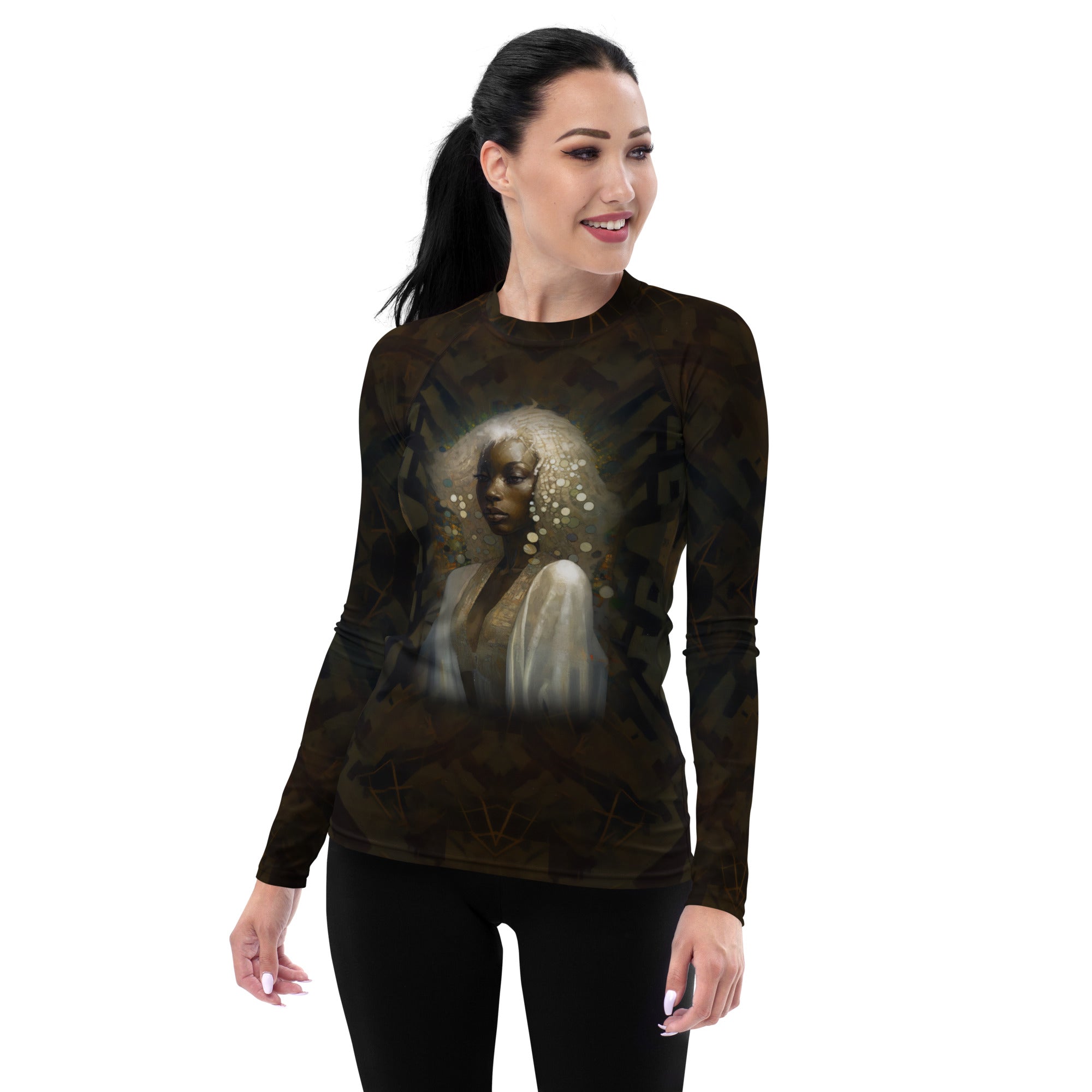 Women wearing Enchanted Forest Rash Guard in nature setting