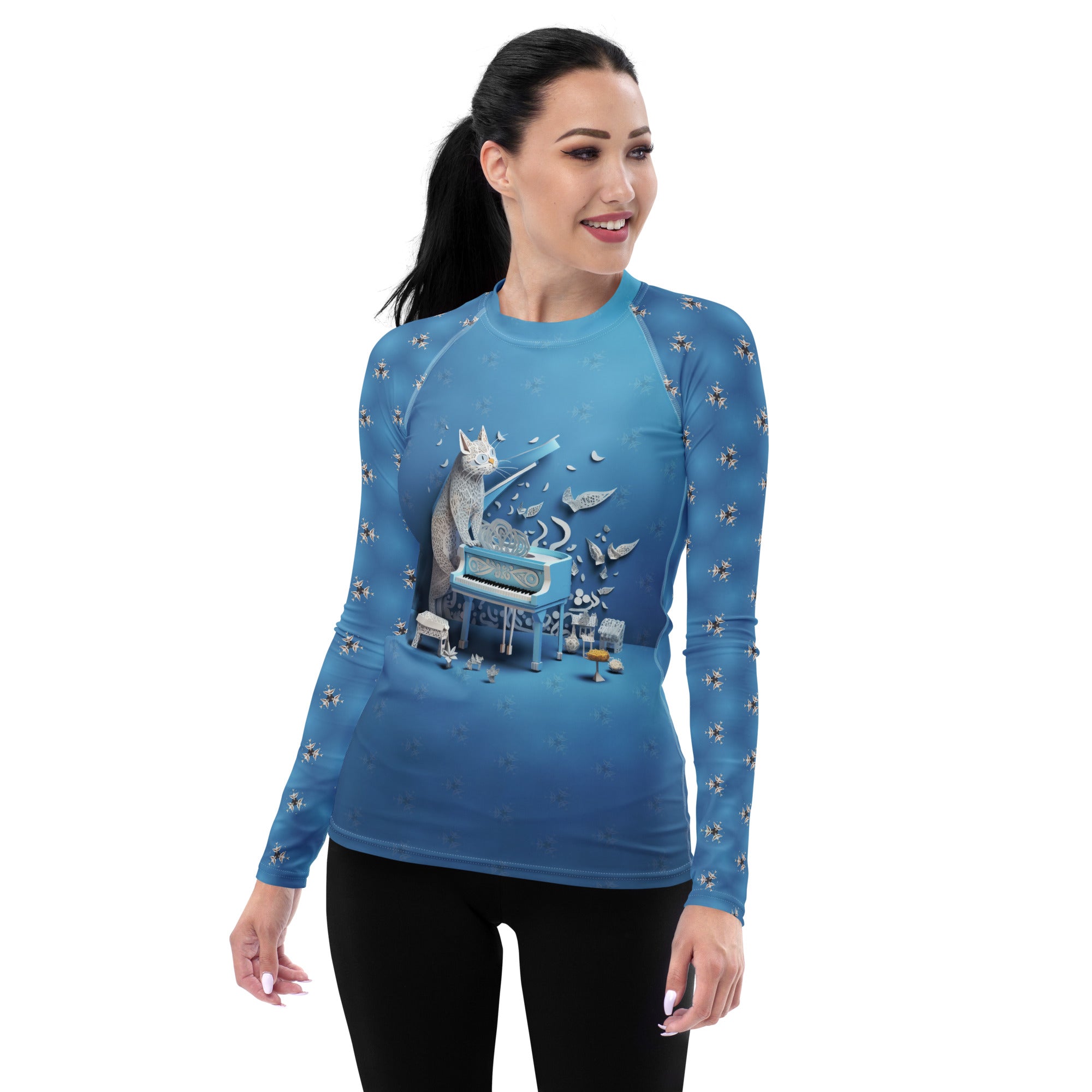 Geometric Jungle pattern on women's rash guard.