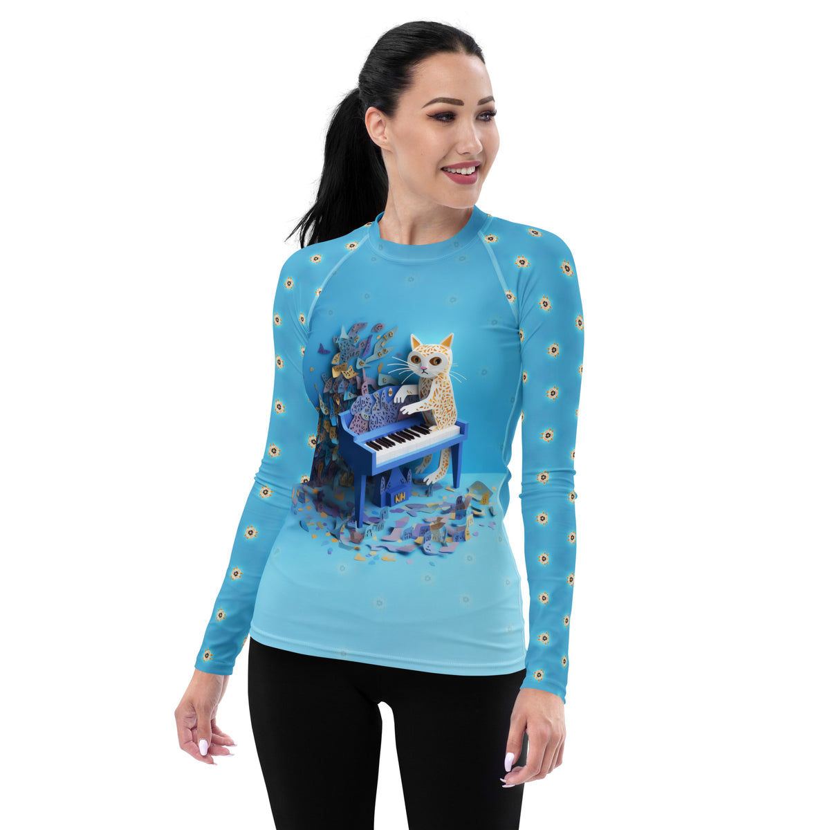 Close-up of Paper Peacock Elegance Women's Rash Guard design.