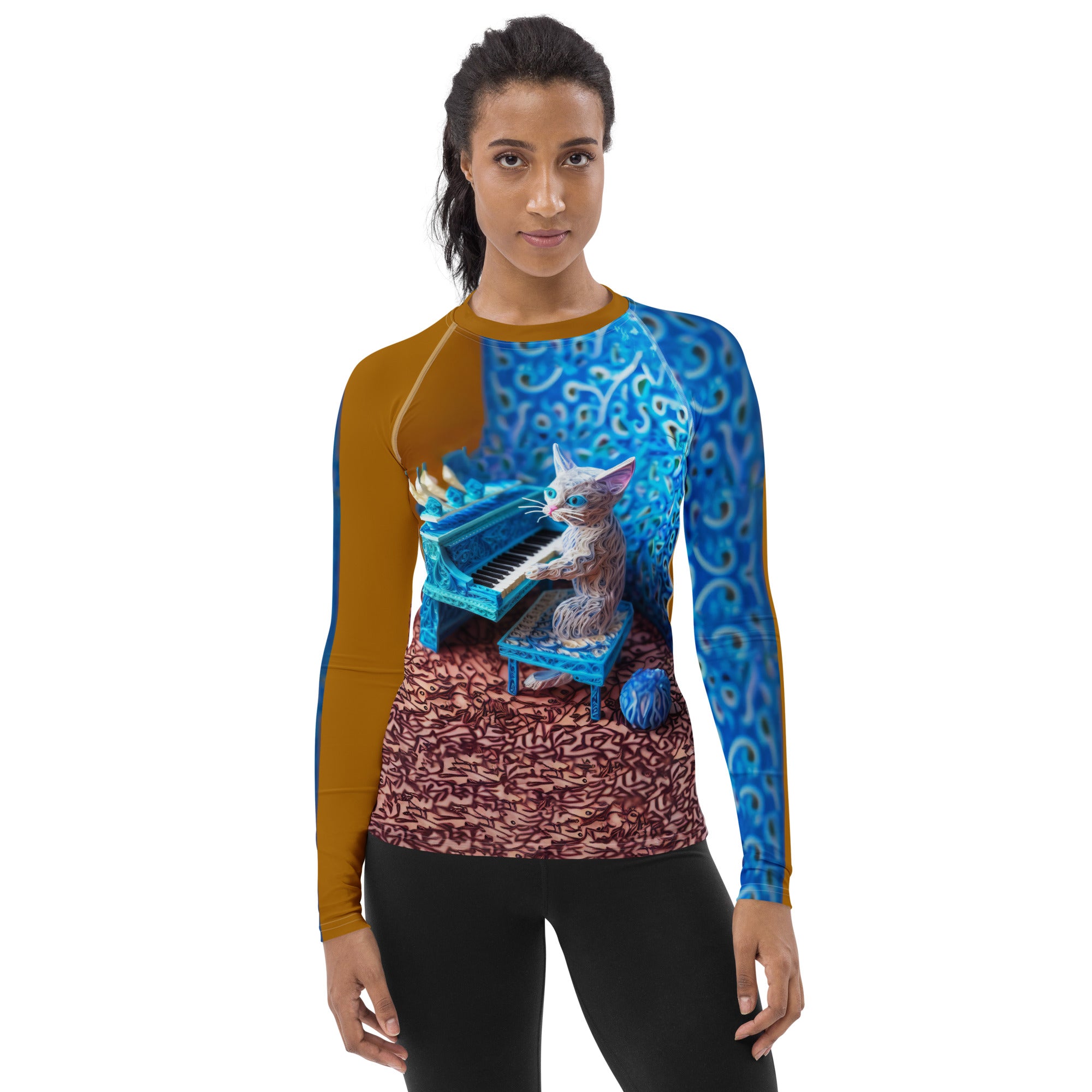 Kirigami dragon design on women's rash guard.