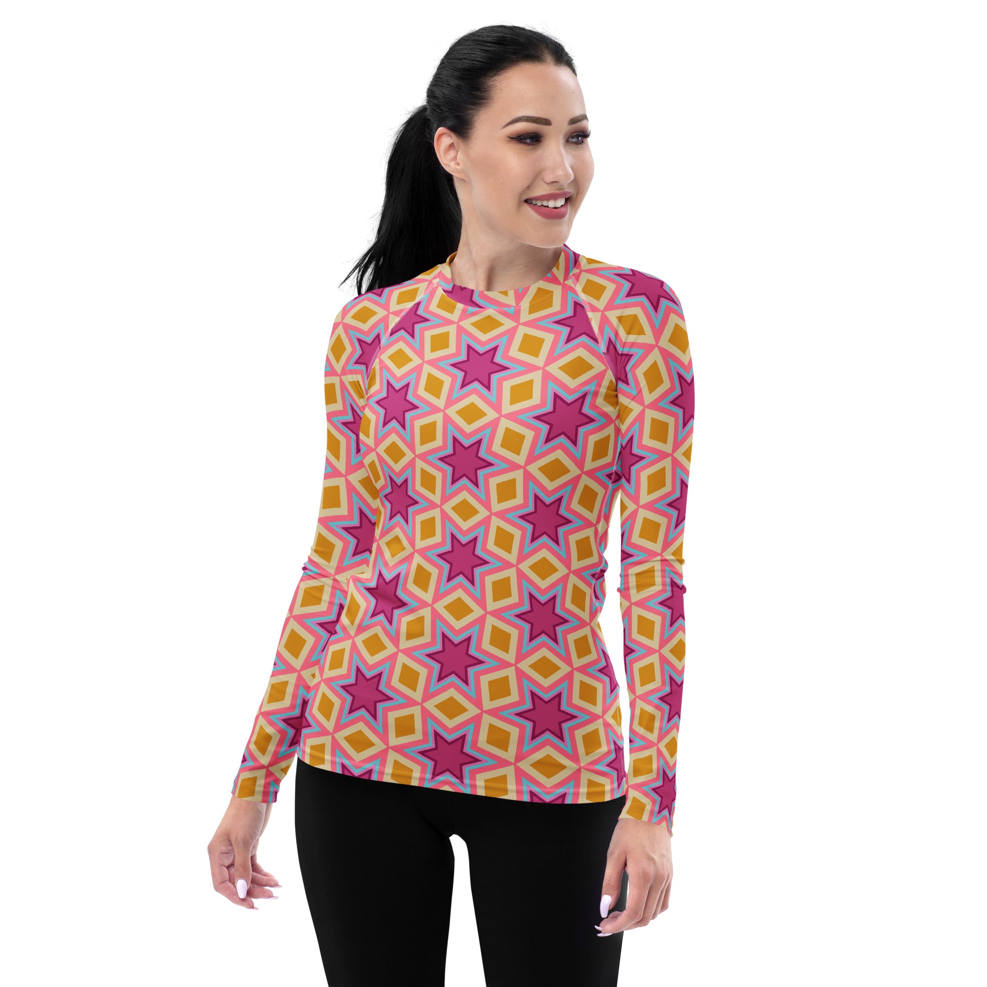 Women's paisley print rash guard in vibrant colors