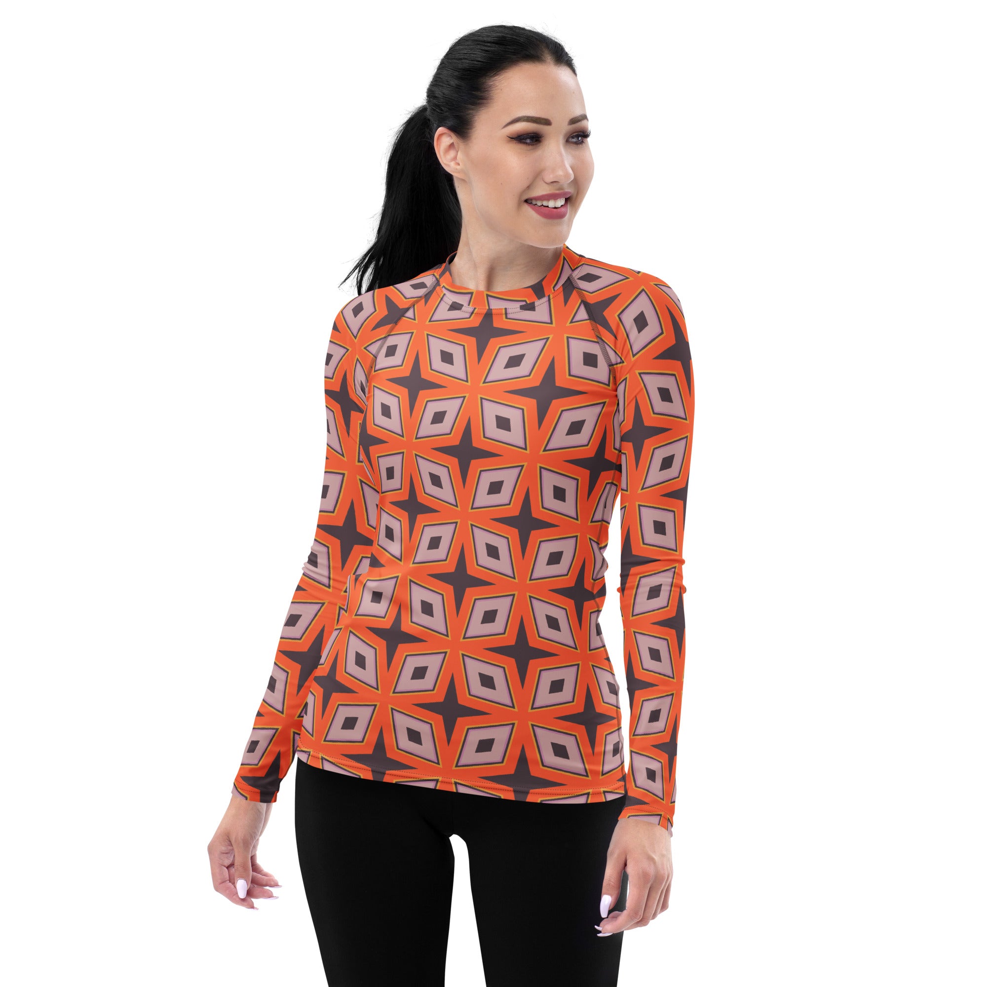 Safari-themed women's rash guard in action