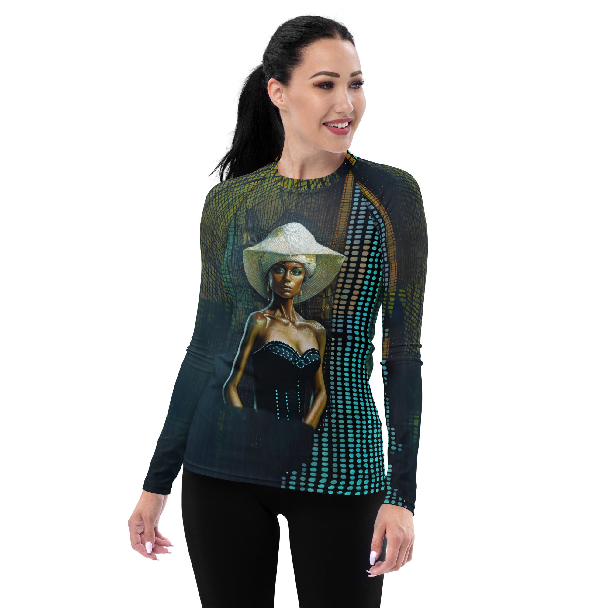 Avant-Garde Elegance rash guard for women.