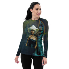 Avant-Garde Elegance rash guard for women.