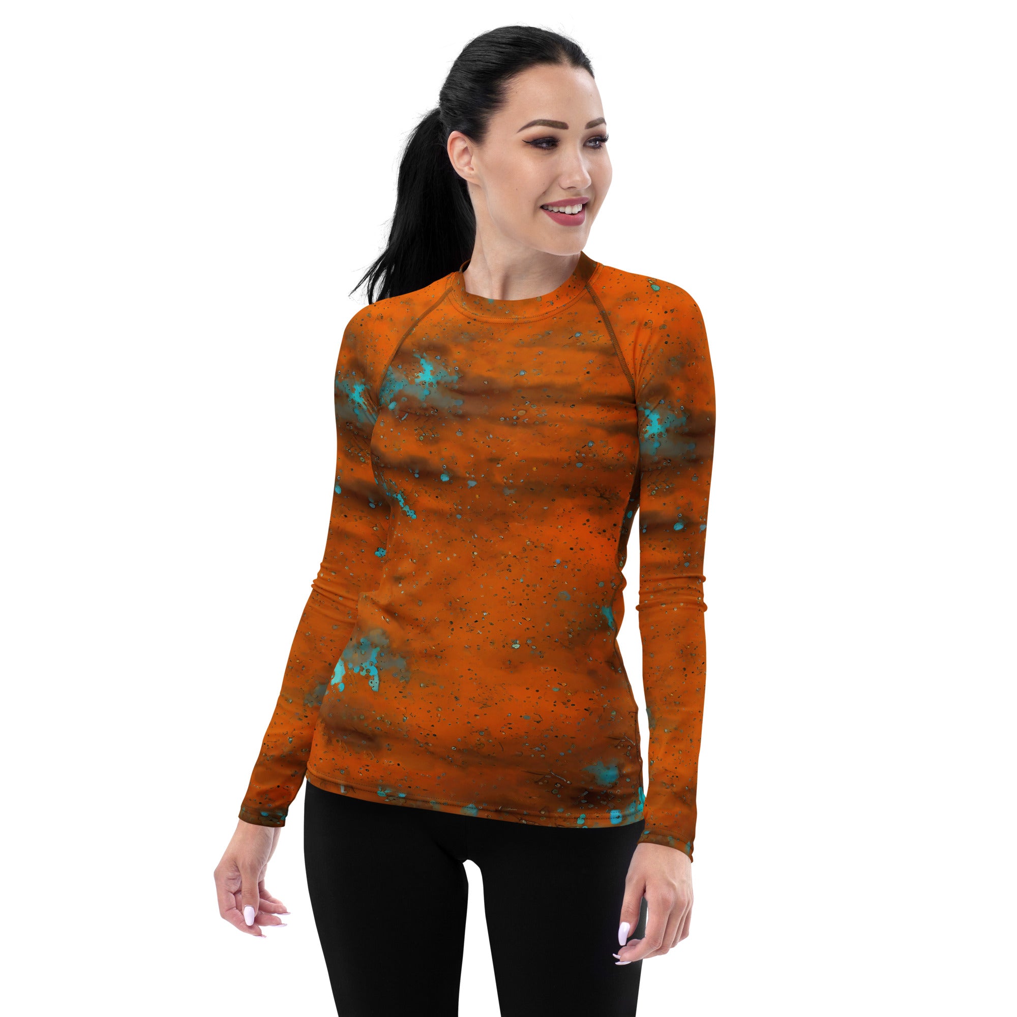 Artistic ink blot design women's rash guard for the beach.