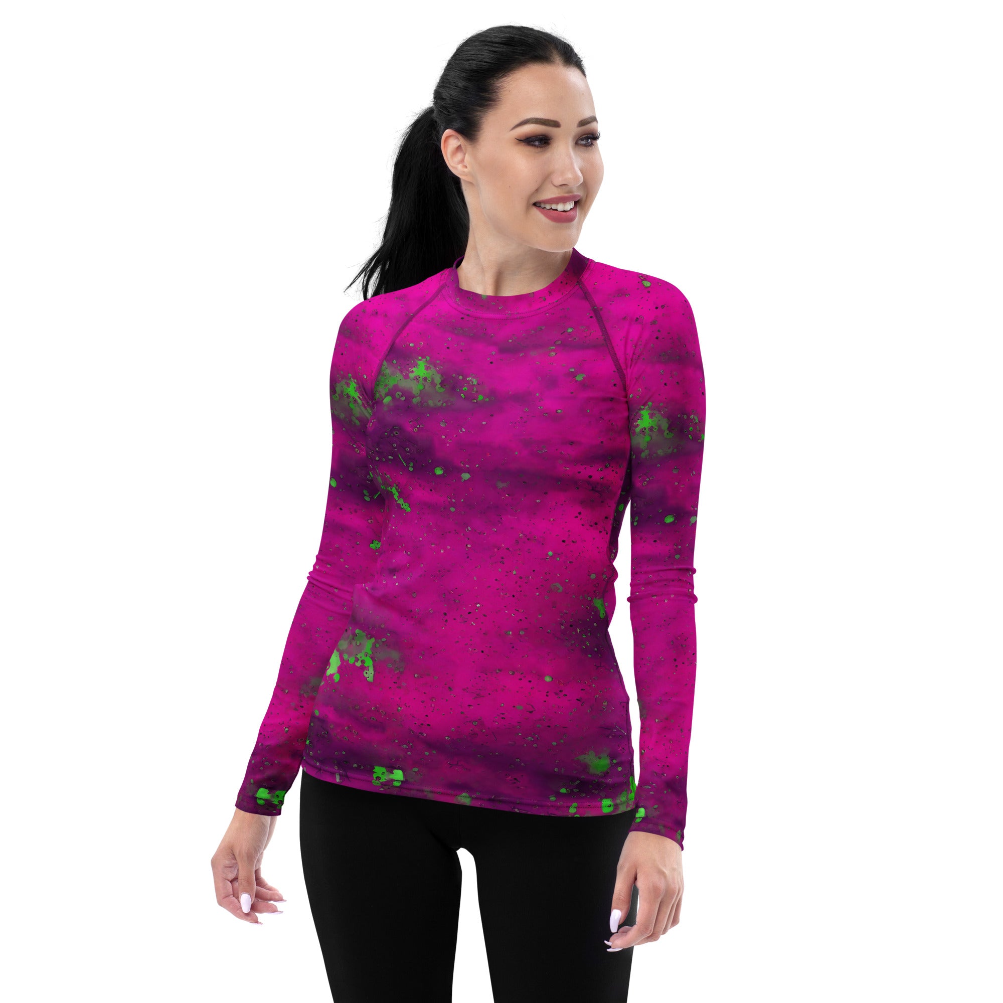 Women's rash guard with chic wine spill pattern.