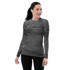 Urban style grease stain women's rash guard for water sports.