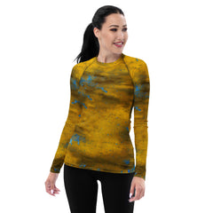 Durable women's rash guard with grass stain pattern.