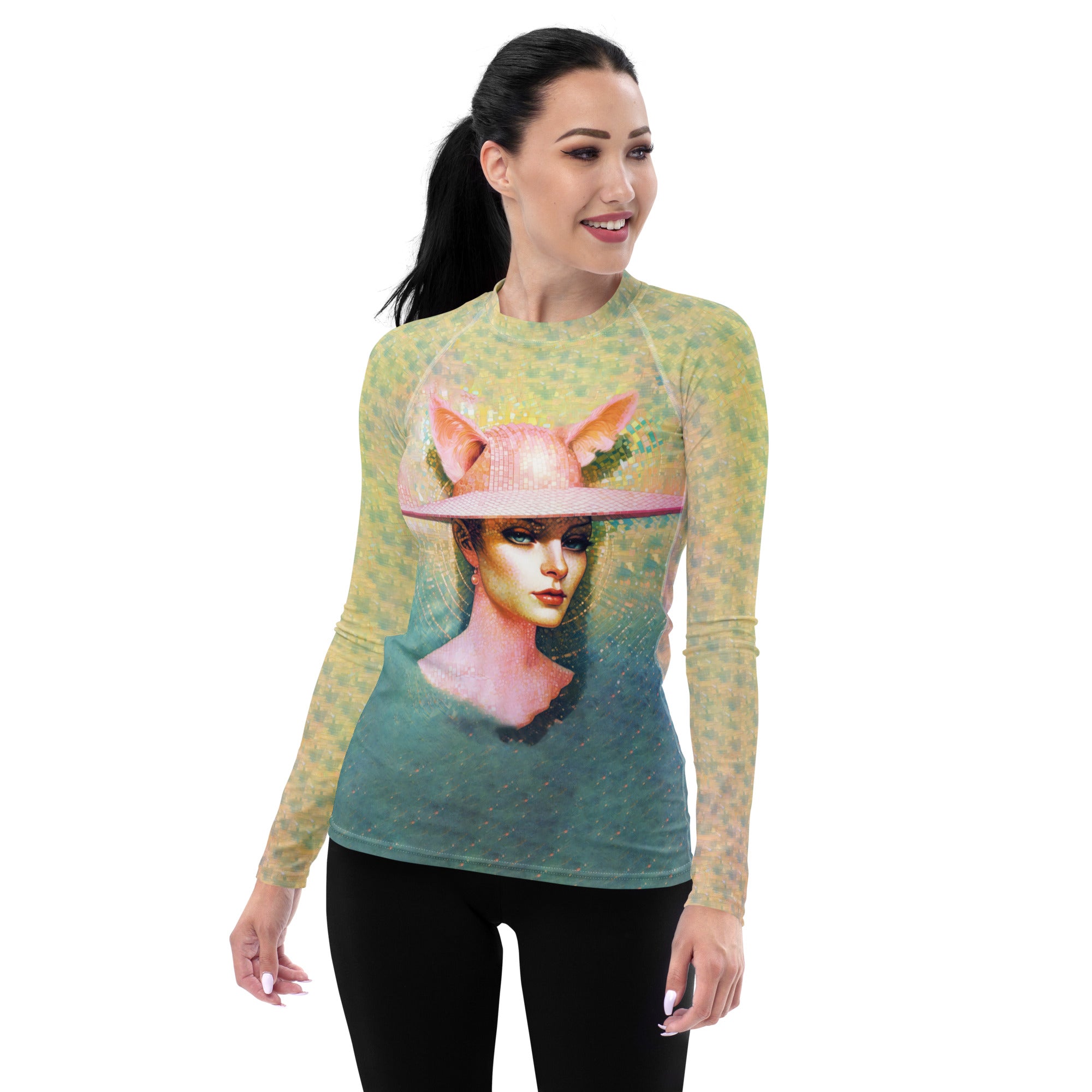 Enchanted Rabbit Forest design on women's rash guard