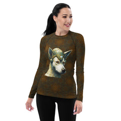 Woman wearing Pawfect Companion Dog rash guard at the beach