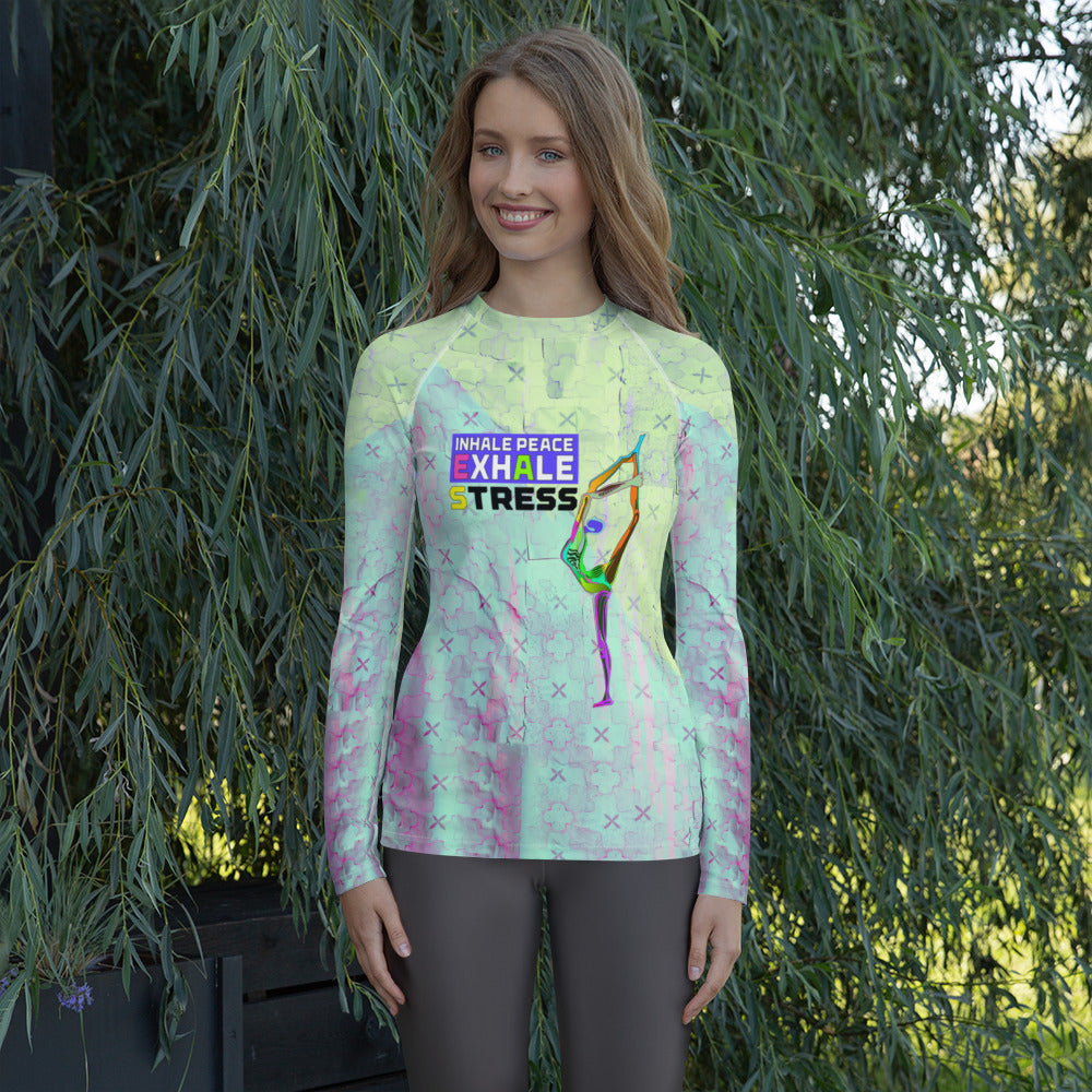 Women's rash guard with serene Tranquil Tree design.