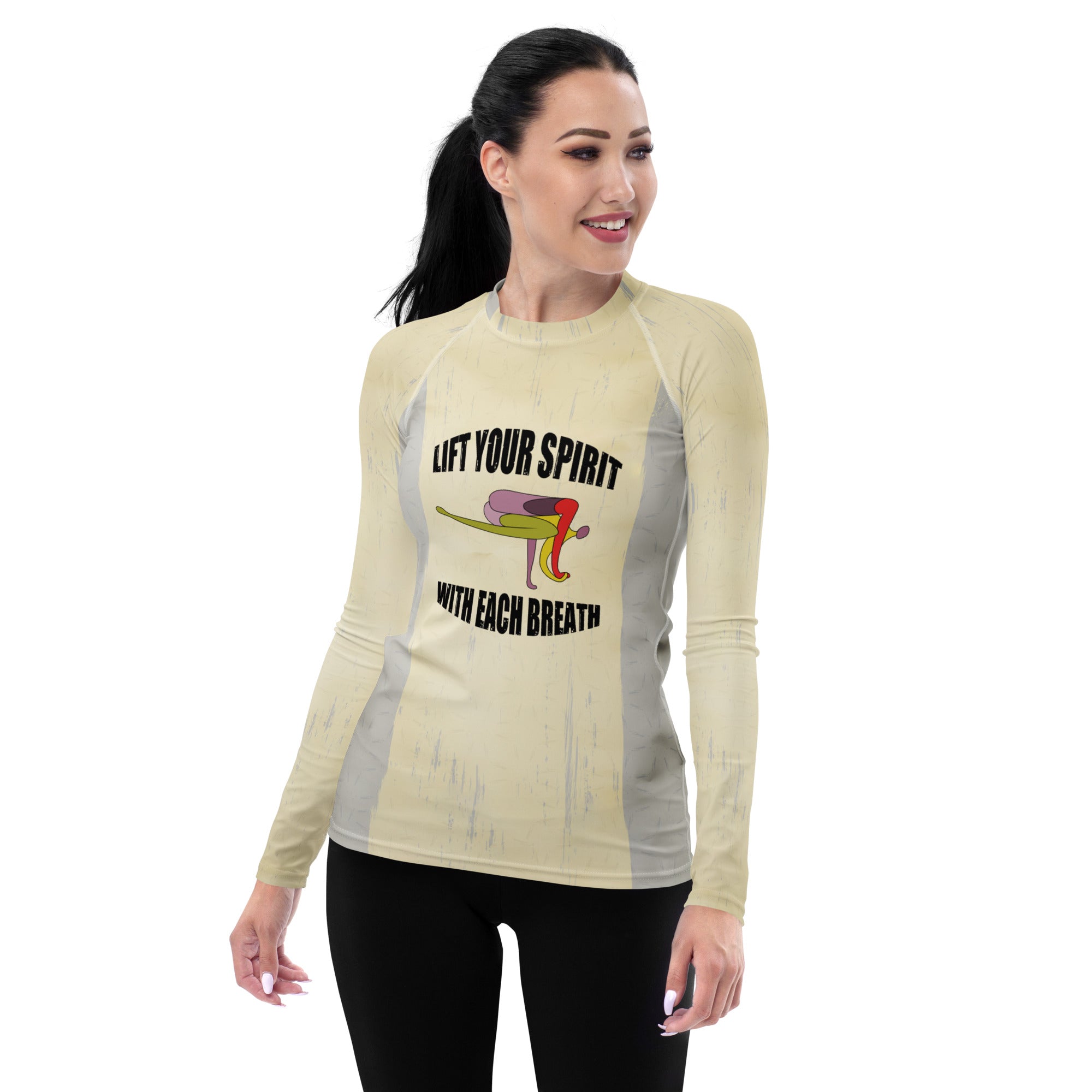 Women's rash guard with Blissful Bridge design.