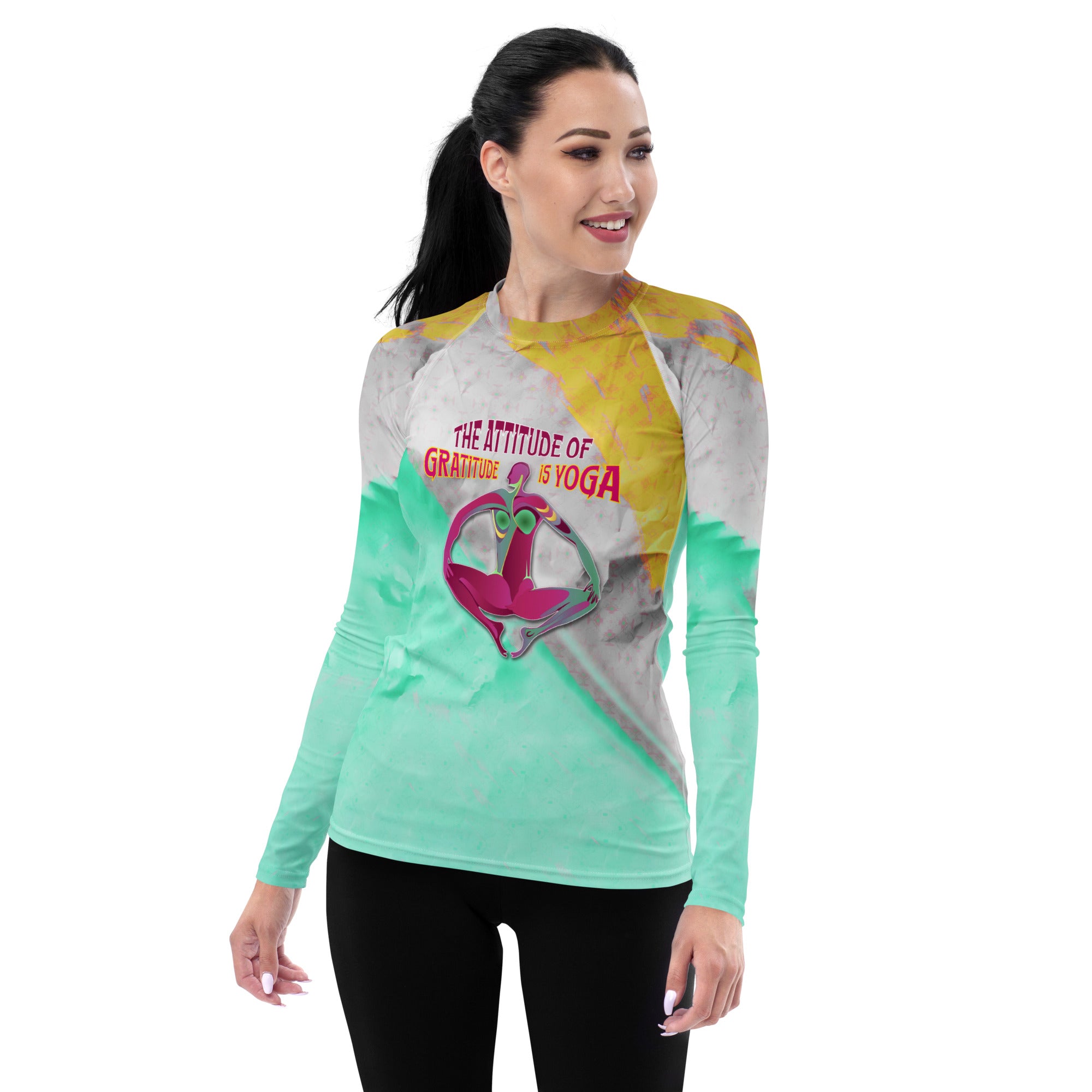 Activewear Dynamic Downward Dog print women's rash guard.