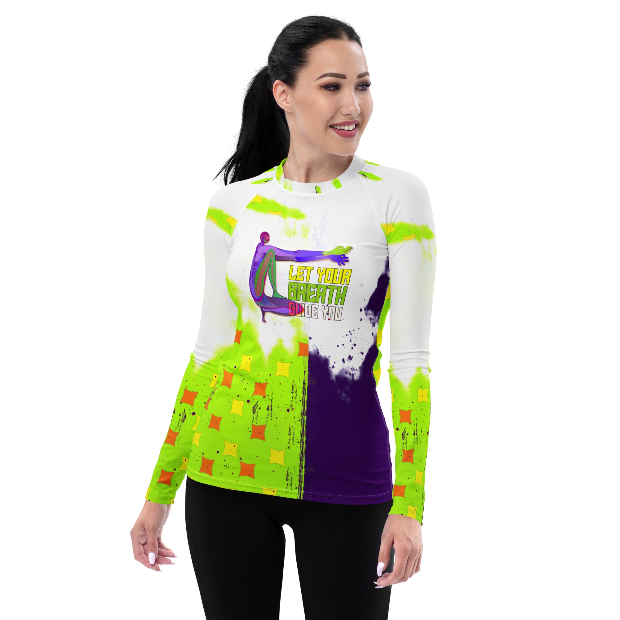 Women's rash guard with Peaceful Pigeon design.