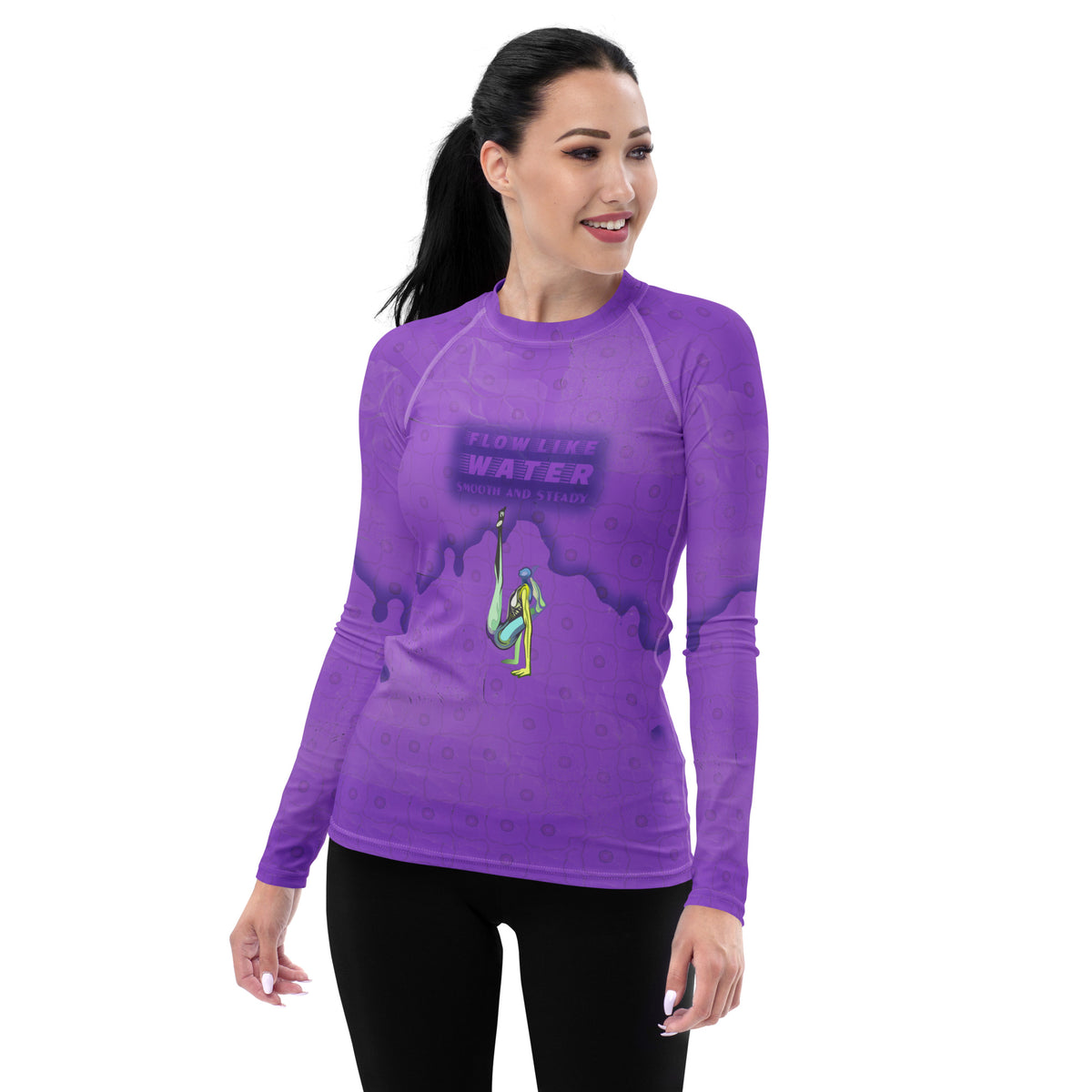 Women's rash guard with serene Lotus Pose design.