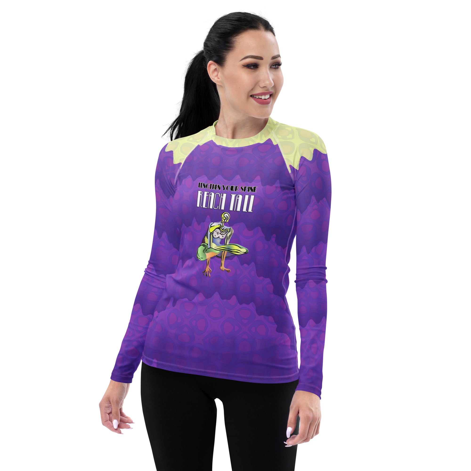 Balanced workout attire with Tree Pose women's rash guard.