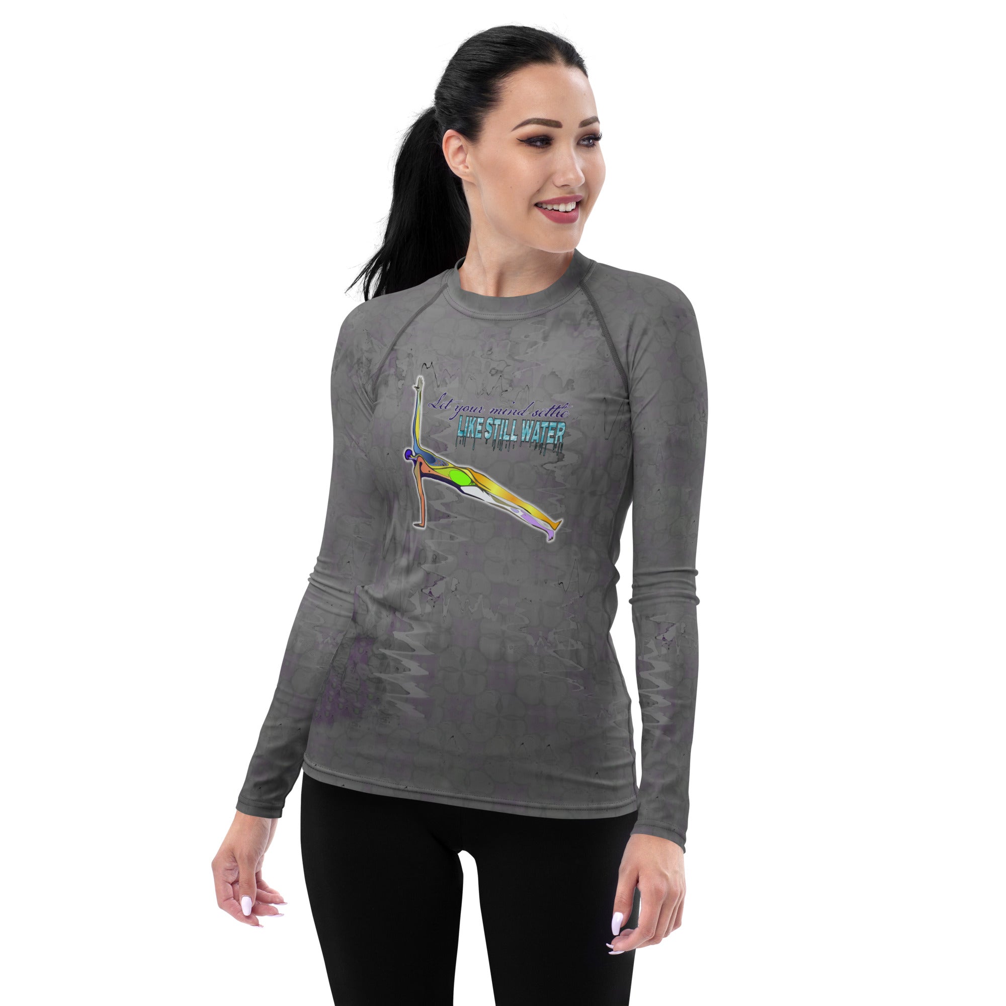 Women's rash guard with Downward Dog for enhanced flexibility.