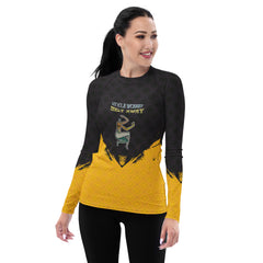 Women's rash guard with calming Child's Pose design.