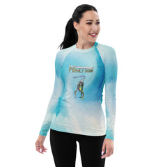 Women's rash guard with Cat-Cow Pose promoting harmony.