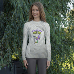 Women's rash guard with rejuvenating Bridge Pose design.