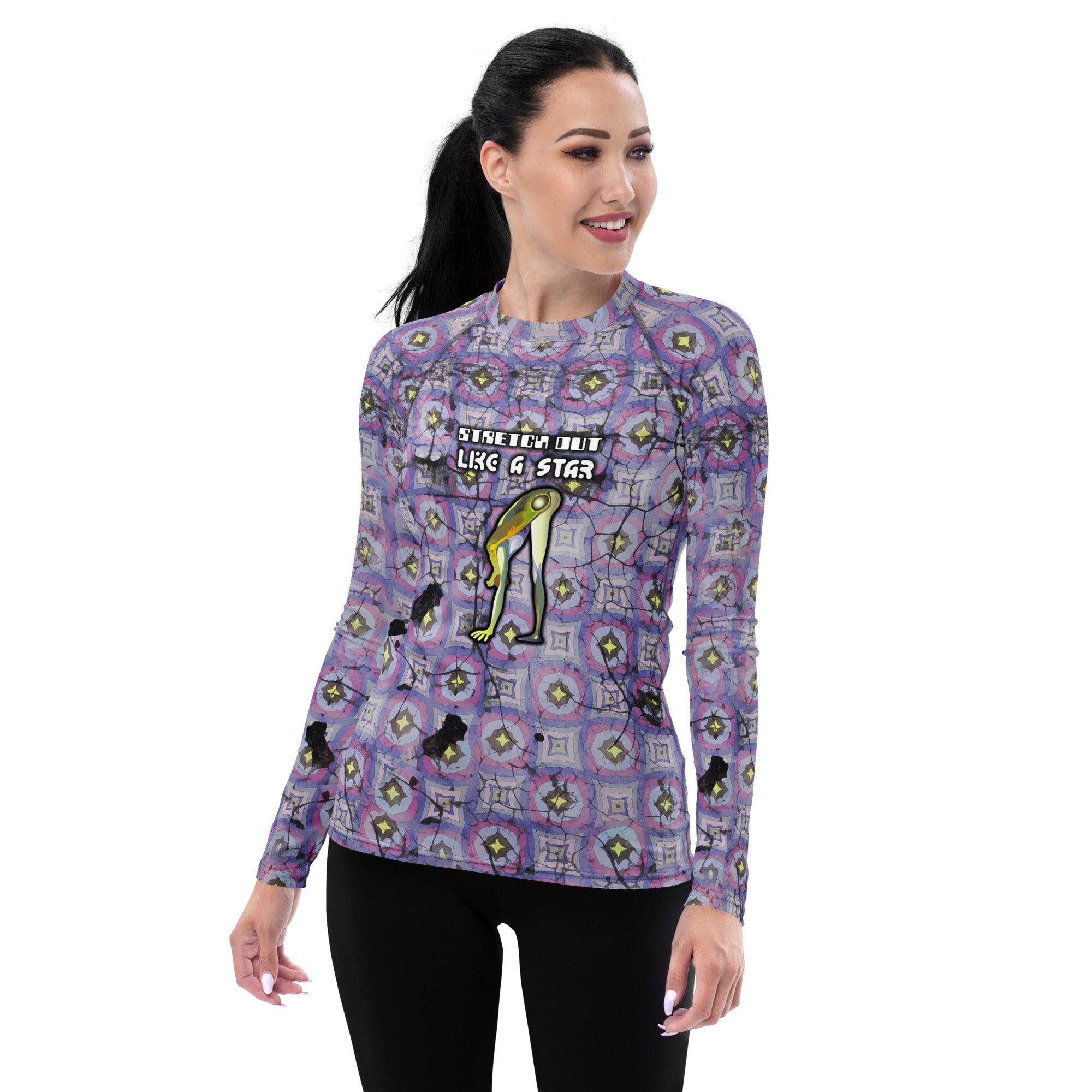 Women's rash guard featuring Camel Pose for flexibility.