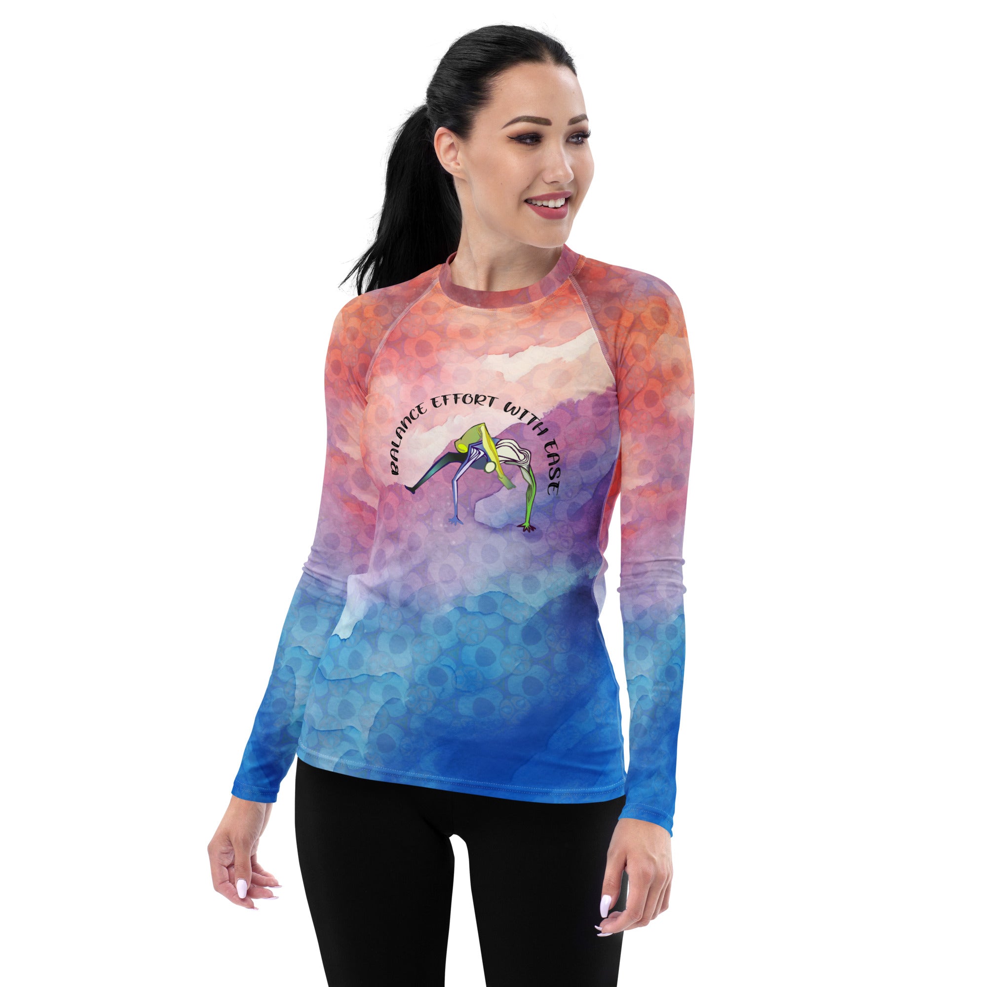 Boat Pose themed rash guard for women, perfect for workouts.