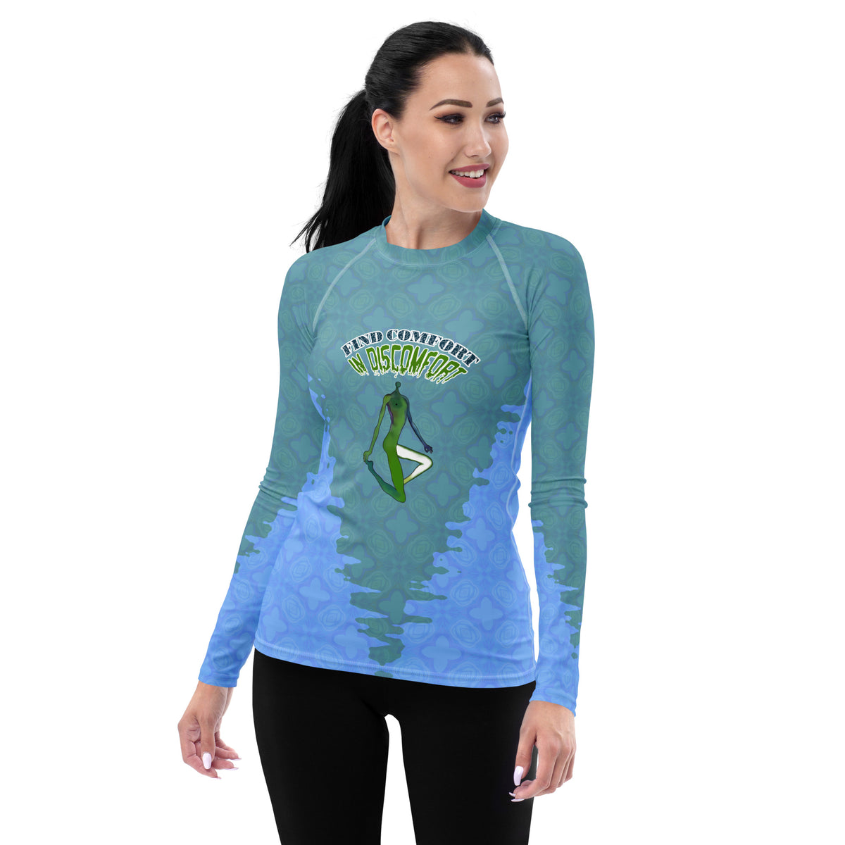 Women's rash guard featuring Half Moon Pose for balance.