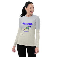 Focus-enhancing Crow Pose design on women's rash guard.