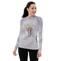 Women's rash guard featuring elegant Dancer Pose design.