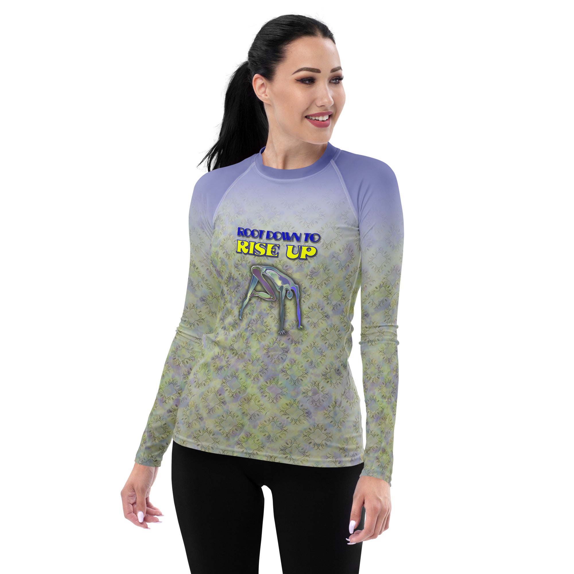 Women's rash guard with relaxing Fish Pose design.