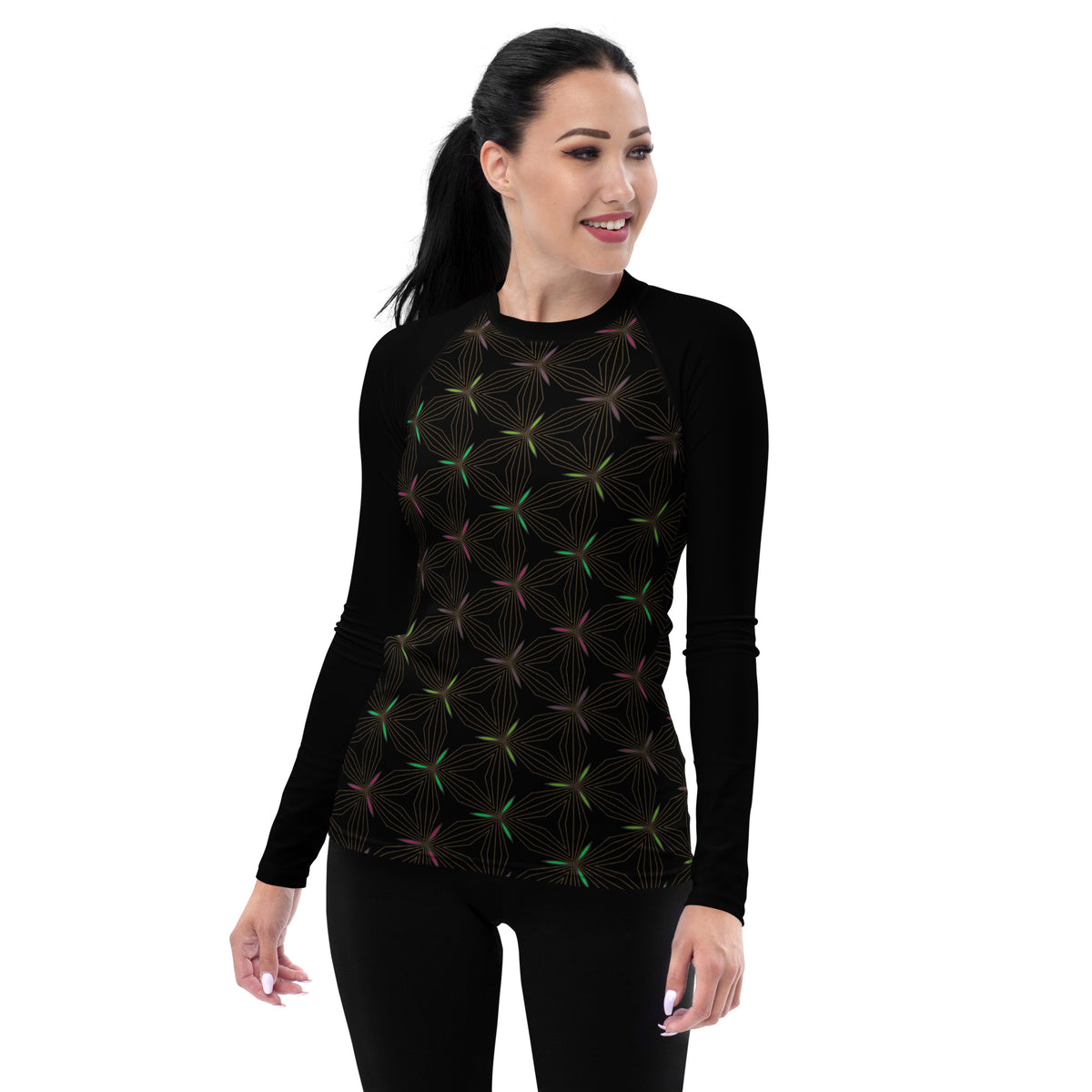 Geometric Harmony women's rash guard in action